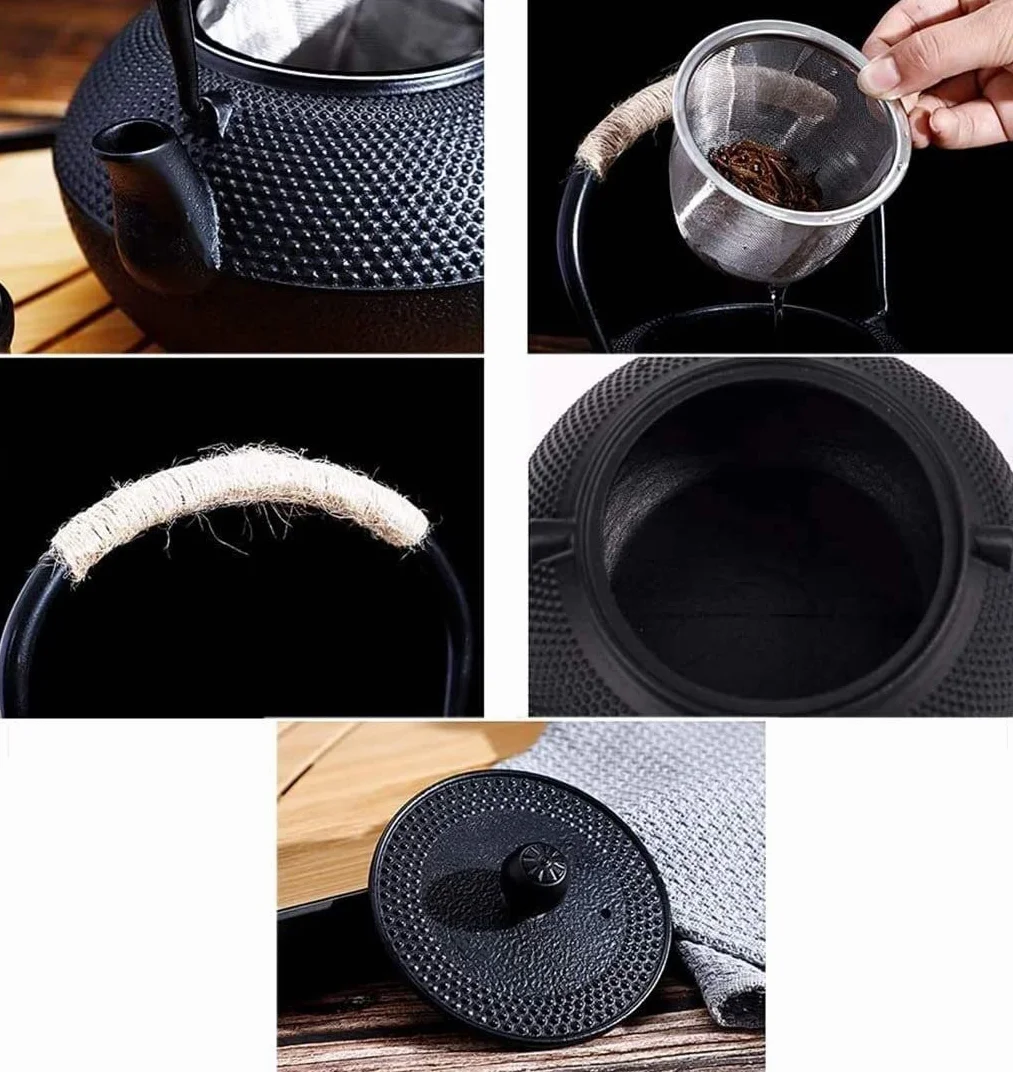 Tetera Juego de colador de infusor de Tetera de Hierro Fundido para Tetera, Color Negro con Filtro de Acero Inoxidable, 1,2 l Tetera Hierro Fundido