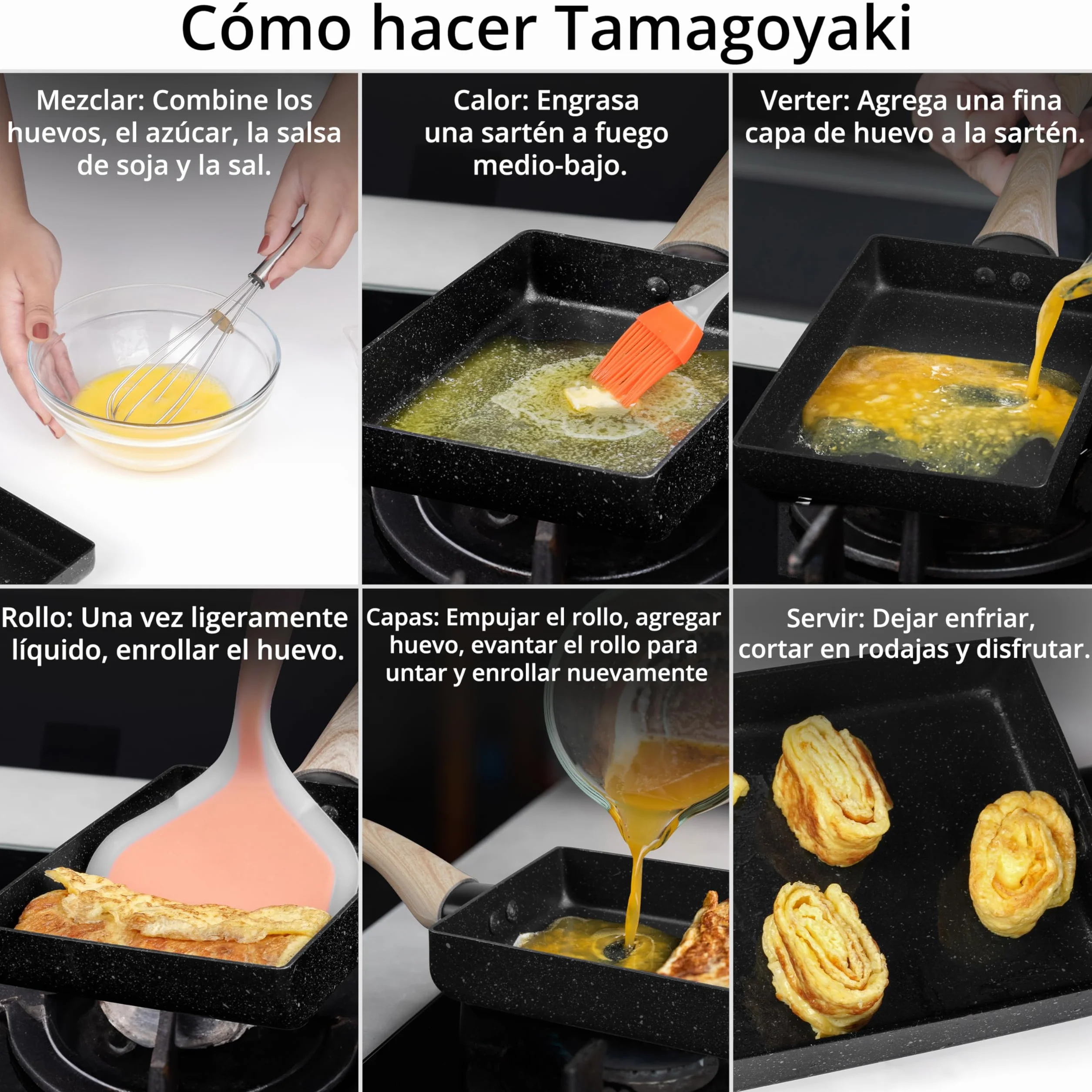 Winter Shore Juego de Sartén Tortilla Japonesa - Sarten Antiadherente Rectangular para Tamagoyaki con Mango de Madera - Incluye Plato, Cepillo para Aceite, Espátula, Palillos - Utensilios de Cocina