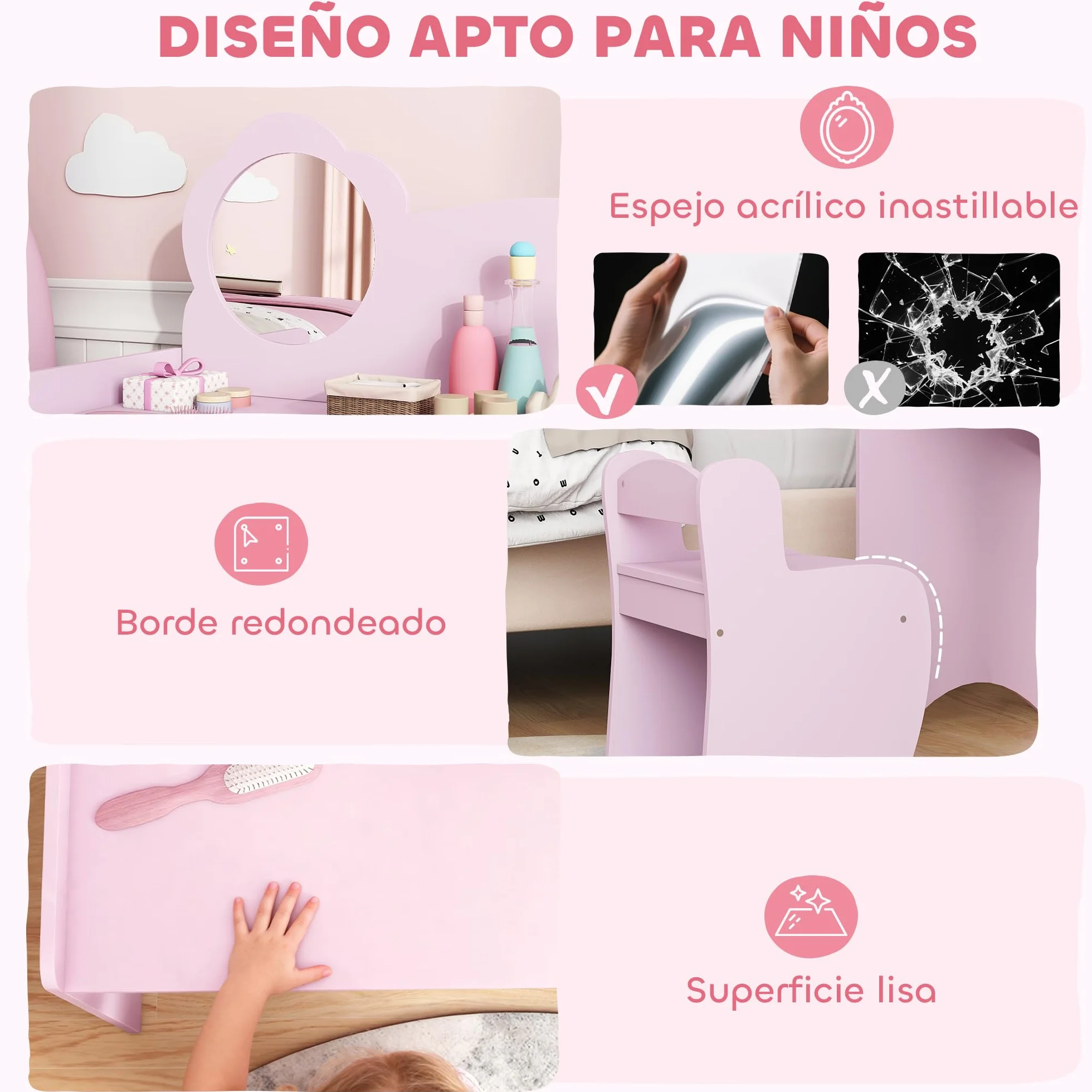 AIYAPLAY Tocador de Maquillaje Niña 2 en 1 Escritorio Infantil con Taburete Espejo Flor Estantes Abiertos Morado