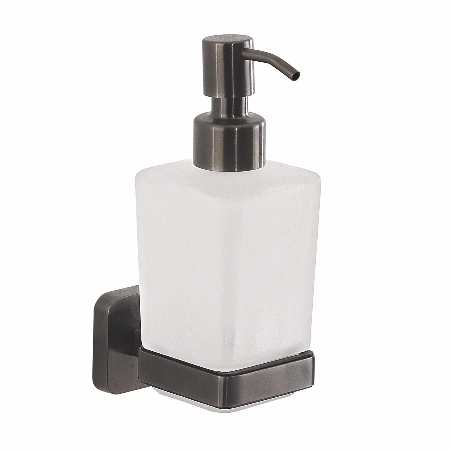 Kiamami Valentina - Dispensador de jabón de pared Gun Metal de acero inoxidable y vidrio satinado, fijación de tornillos o adhesivo, capacidad 220 ml, Tahití