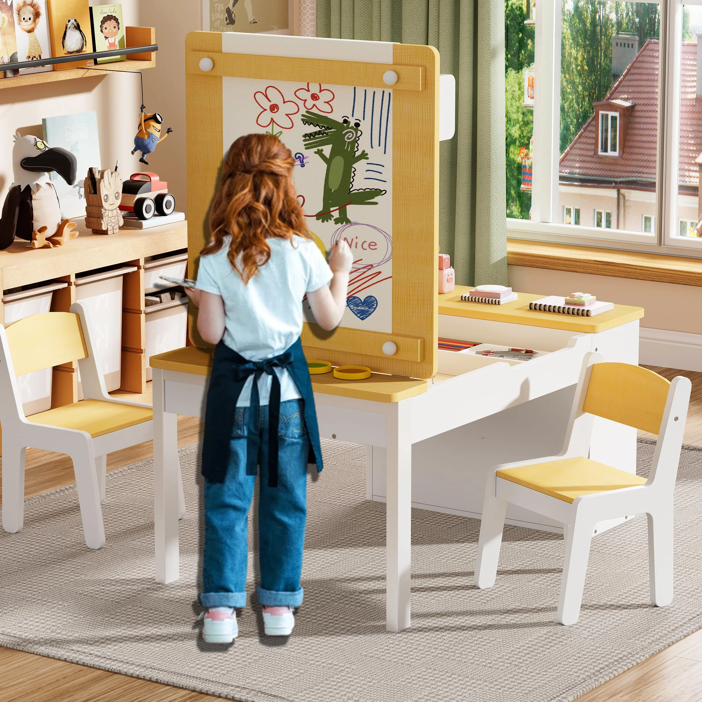 MSFE Mesa Infantil Madera con Sillas,Escritorio de Caballete de Madera para Niños Pequeños con 6 Cajas de Almacenamiento con 2 Sillas de Maderas, Mesa de Juego para Niños,104 * 60 * 53CM