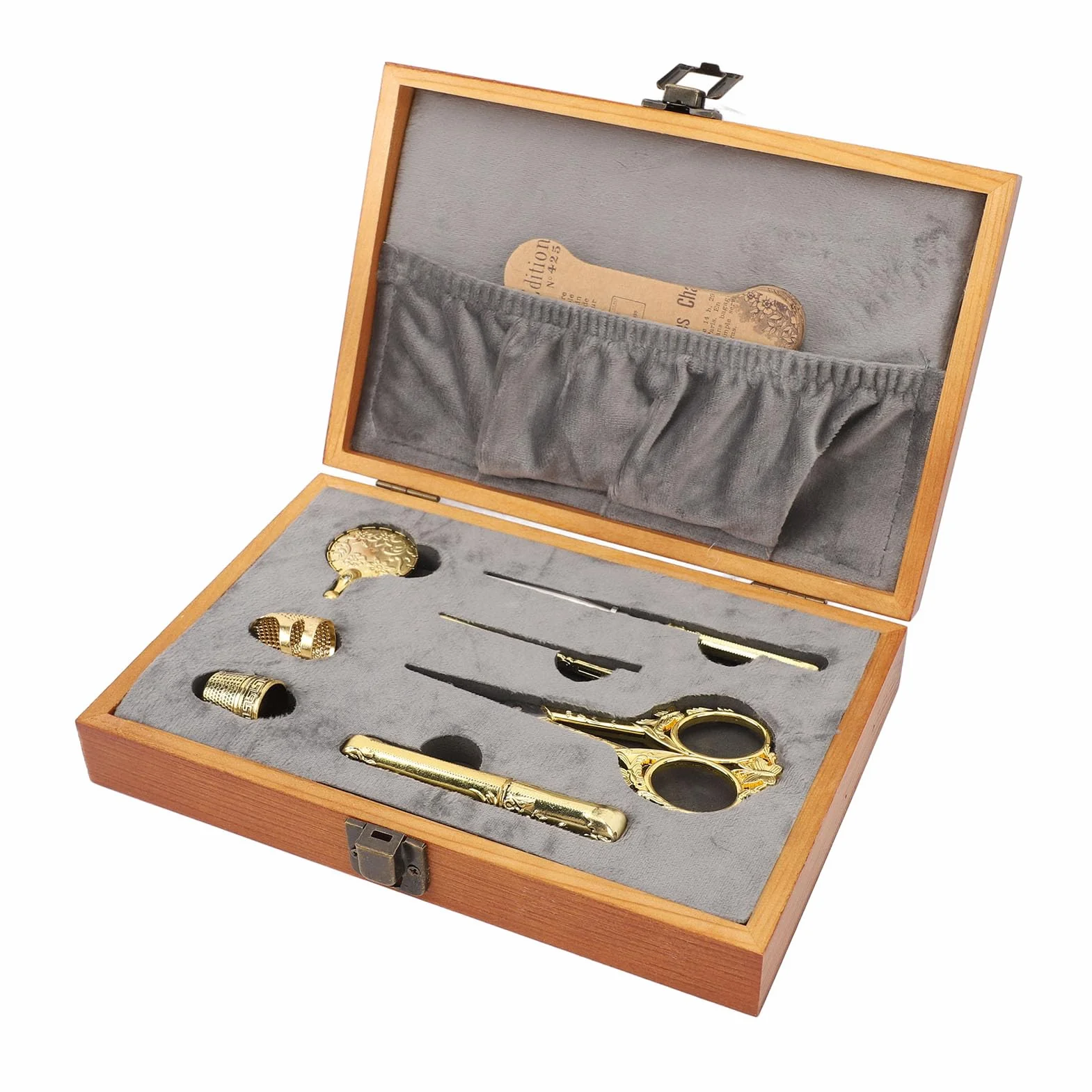 HELEVIA Caja de Costura Vintage, Kit de Costura Multifuncional de Madera con Agujas, Tijeras, Dedal, Cortador de Hilo, para Almacenamiento de y Exhibición de Manualidades