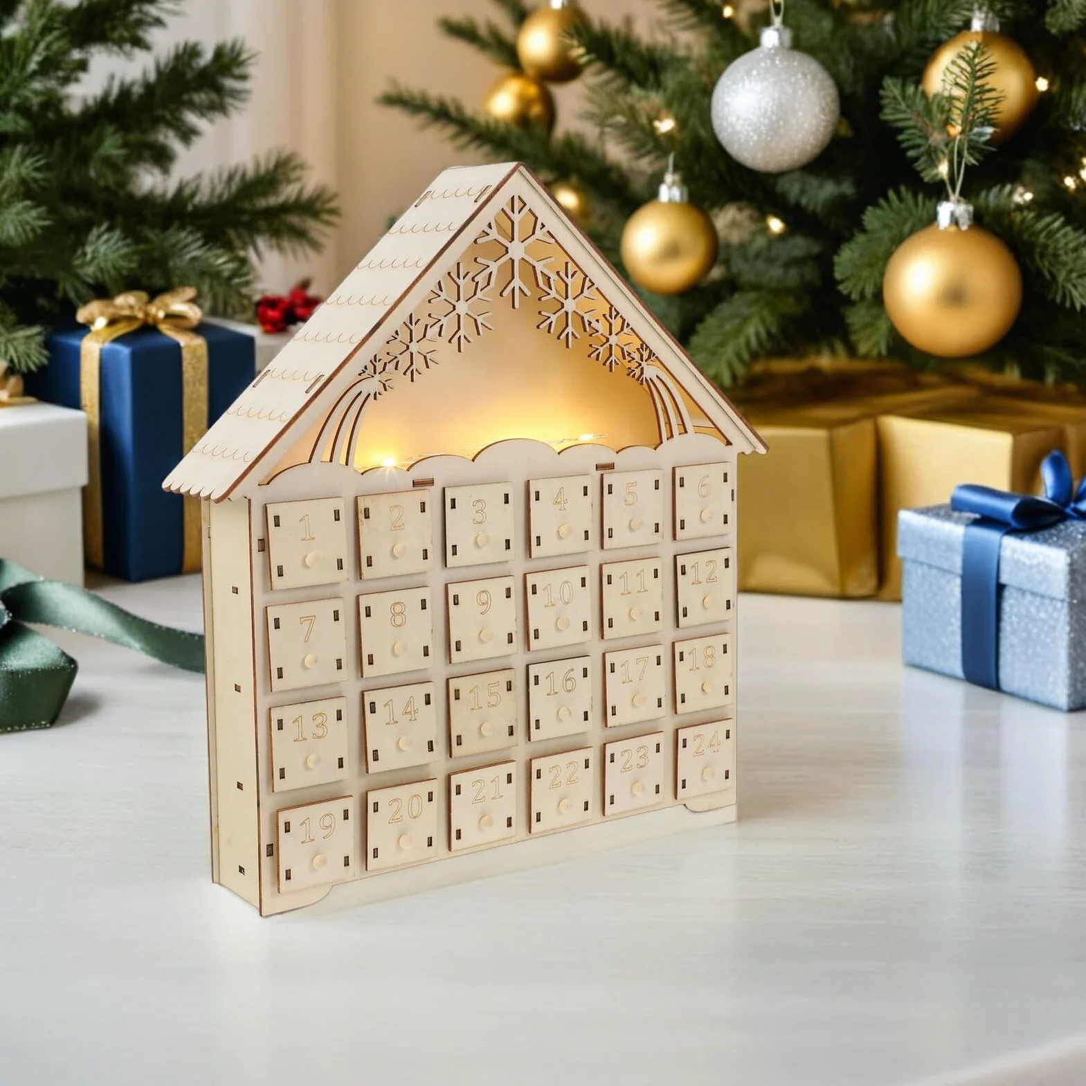DOITOOL Calendario de Adviento de Navidad con Luz LED Reutilizables de Madera para Decoración de Pueblo Navideño Calendario Contador para Sala Oficina y Estilo Rústico