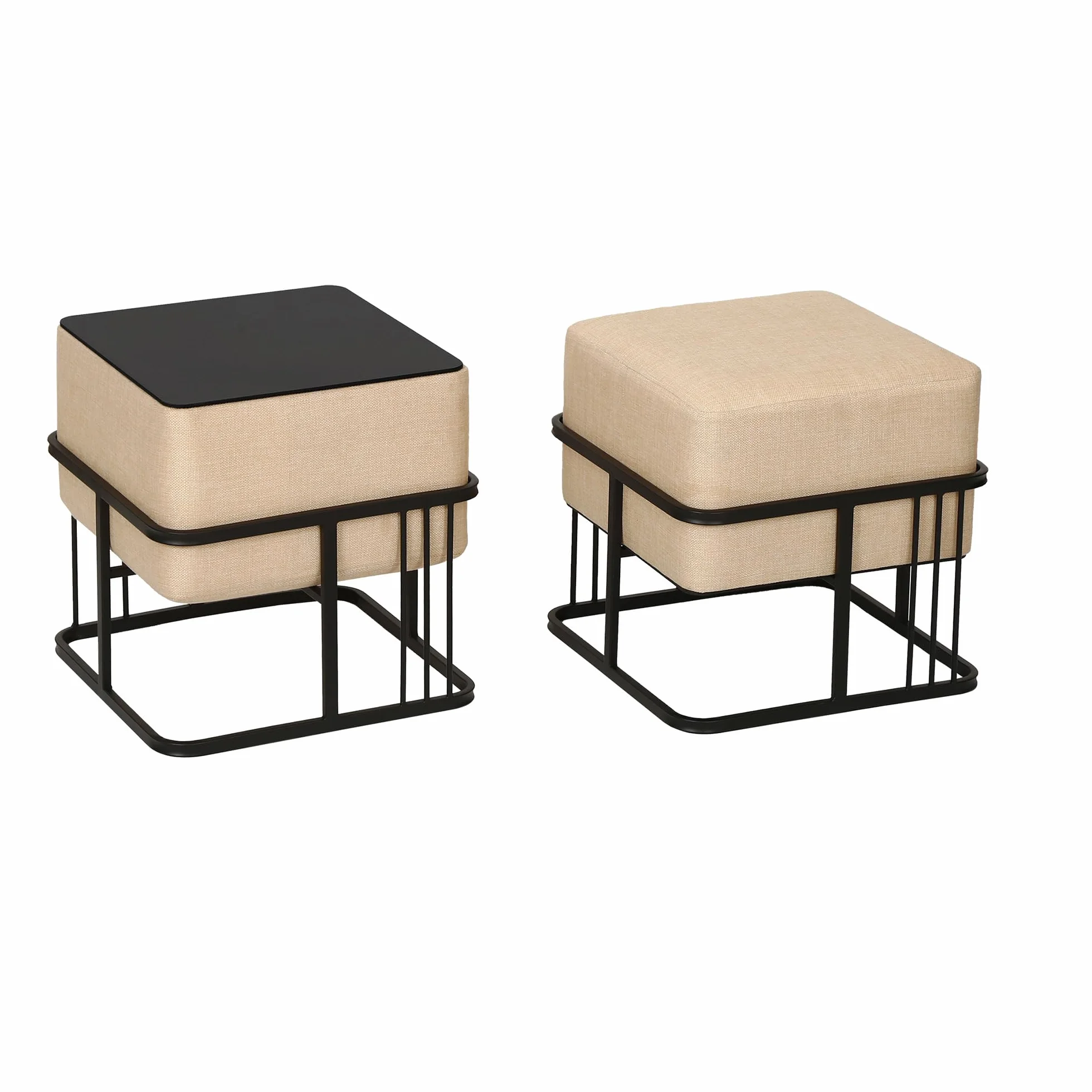 [en.casa] Puff Tas Juego de 2 Taburetes Apilables Reversibles Reposapiés Silla Tocador Diseño 2 en 1 Asiento Acolchado Tablero de Mesa Cuadrado MDF Metal 38x38x38 cm Beige