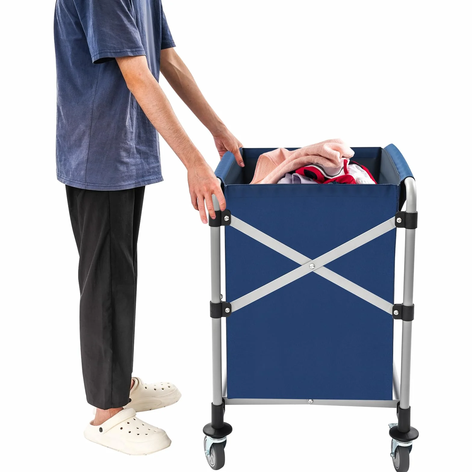 Carrito de lavandería de acero inoxidable, para el hogar, hotel, lavandería, comercial, grande, plegable, con ruedas, estable, resistente al agua, para el hogar, hotel, lavandería, comercio, amarillo