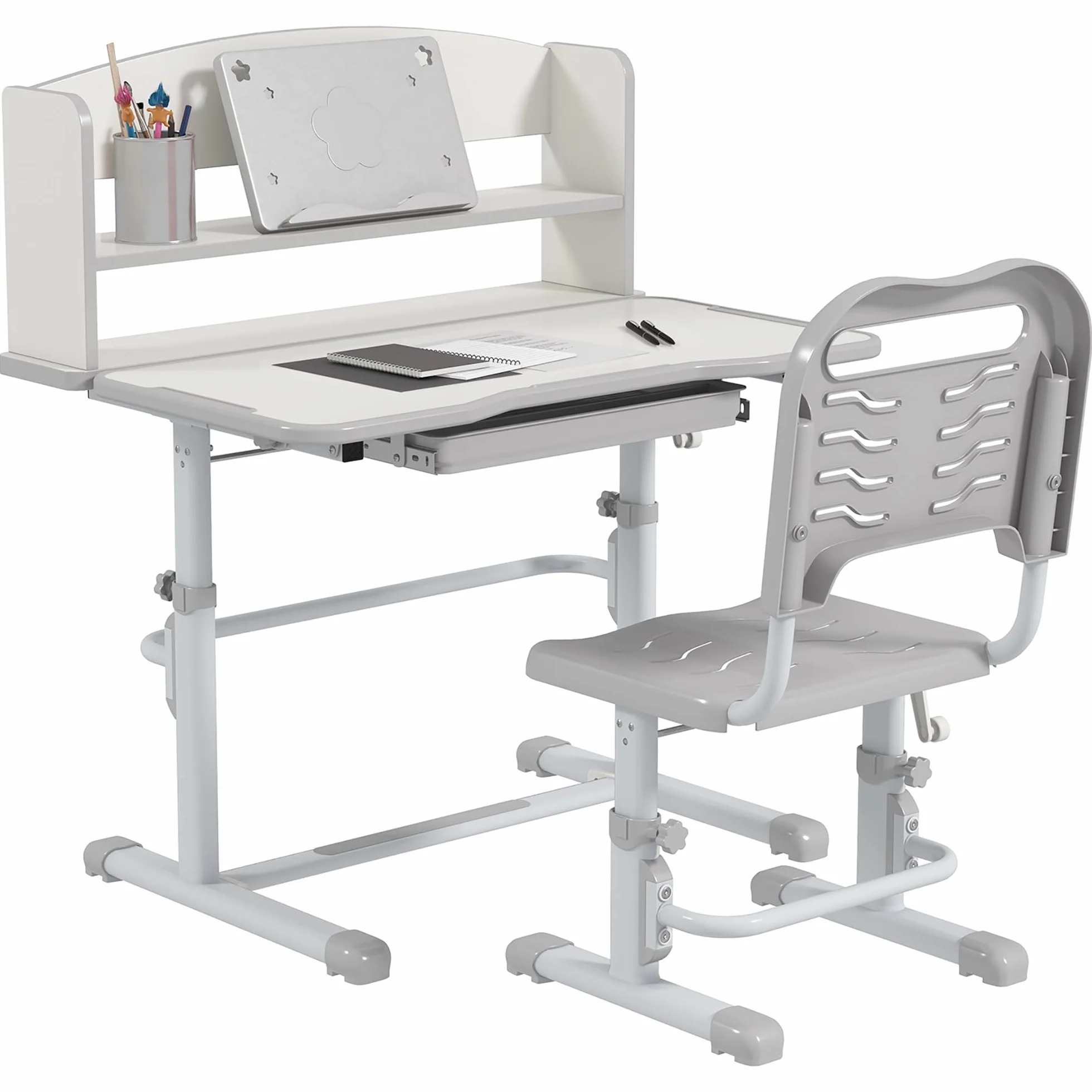 ZONEKIZ Juego de Escritorio y Silla para Niños 6-12 Años Pupitre Infantil Altura Ajustable con Cajón y Estante 80x54,5x82-104 cm Gris Blanco