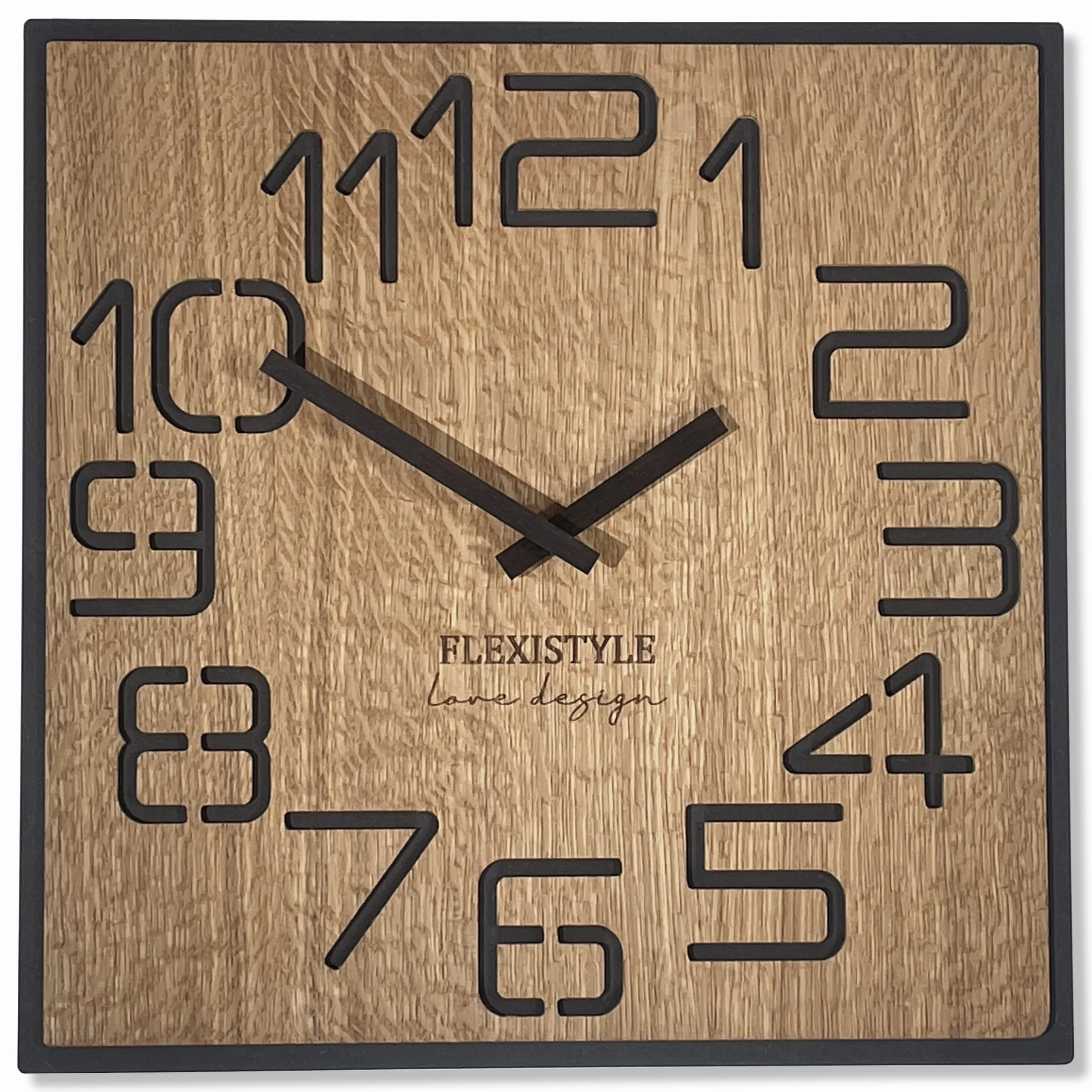 FLEXISTYLE Moderno Reloj de Pared Cuadrado Grande de Madera Eco de 50 cm de diámetro, Silencio, Aspecto de Madera, Roble, salón, Dormitorio, (Digits 40 cm)