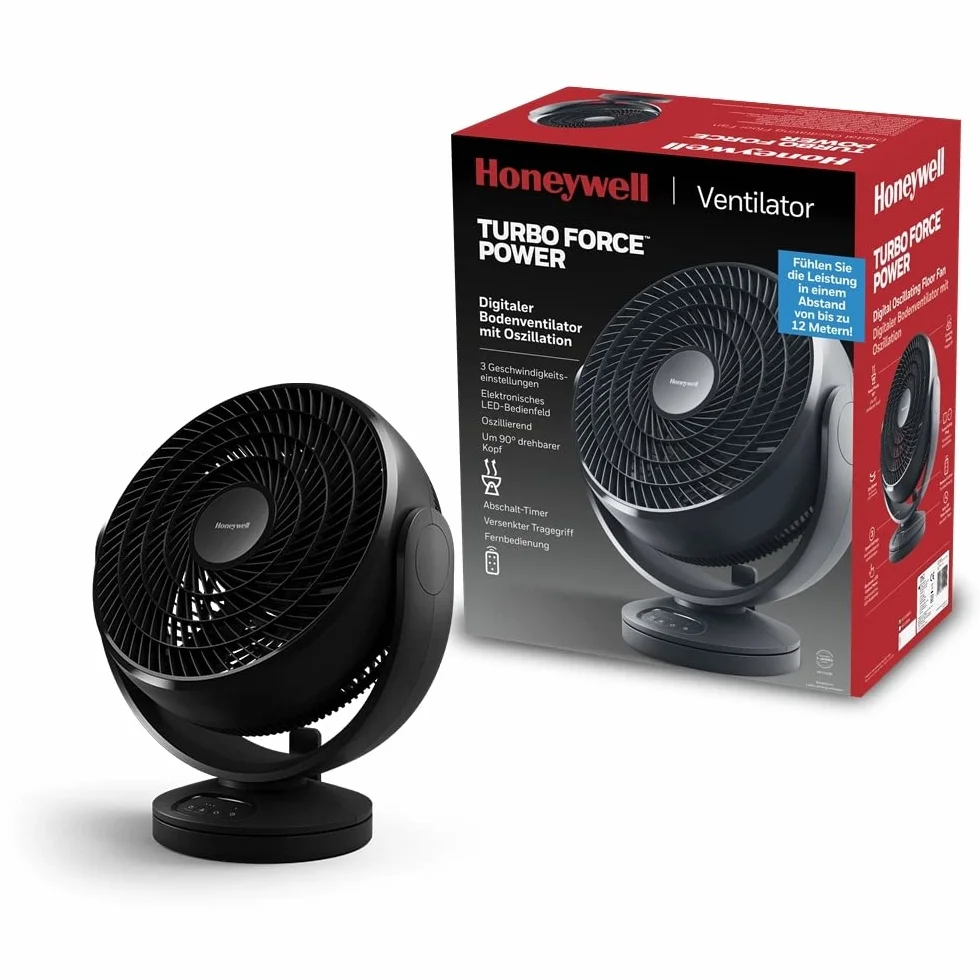HONEYWELL HF715BE4 - Ventilador digital oscilante Turbo Force de (personal; pequeño; para el hogar o la oficina; con mando a distancia; comandos electrónicos con LED; 3 velocidades; giro de 90 grados)