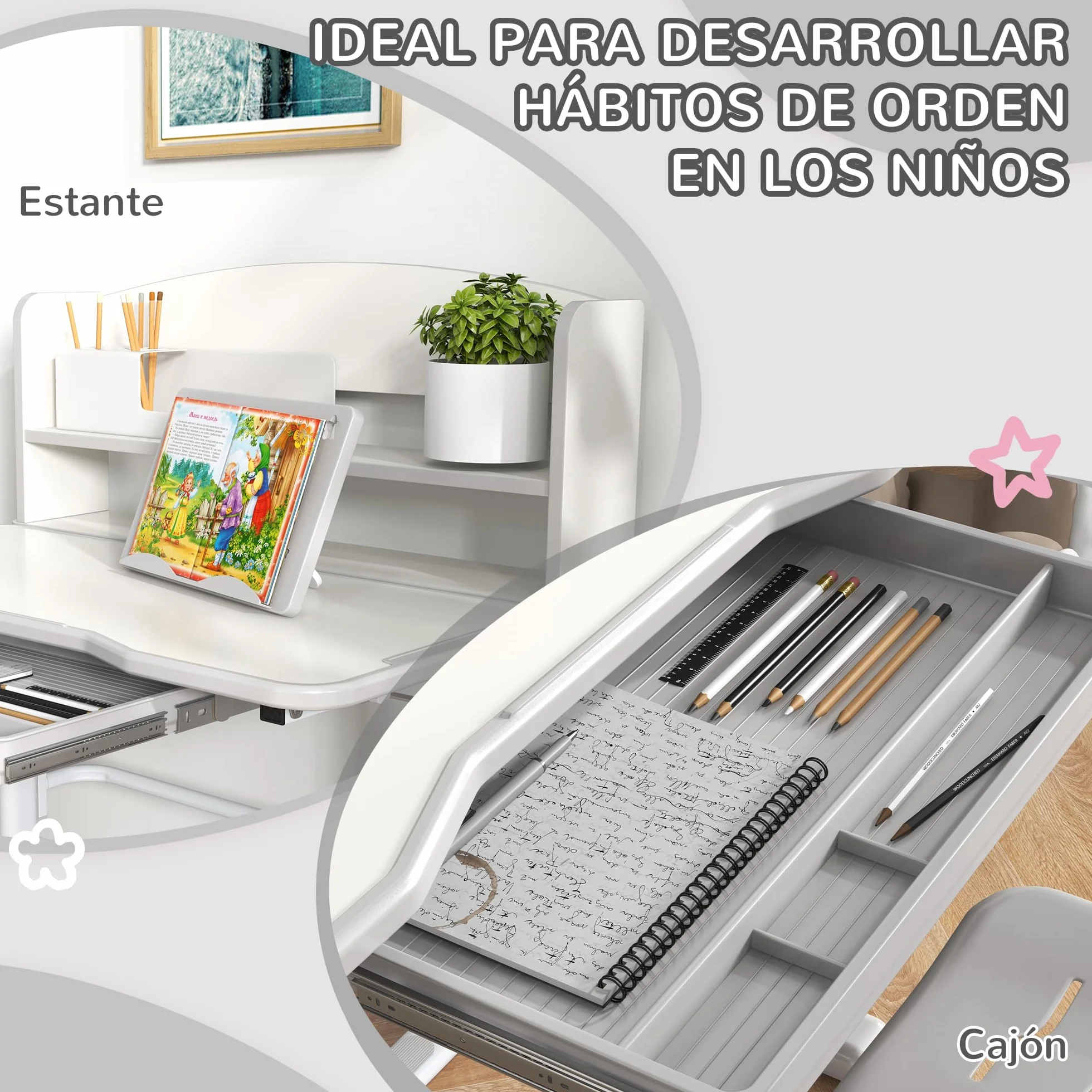 ZONEKIZ Juego de Escritorio y Silla para Niños 6-12 Años Pupitre Infantil Altura Ajustable con Cajón y Estante 80x54,5x82-104 cm Gris Blanco