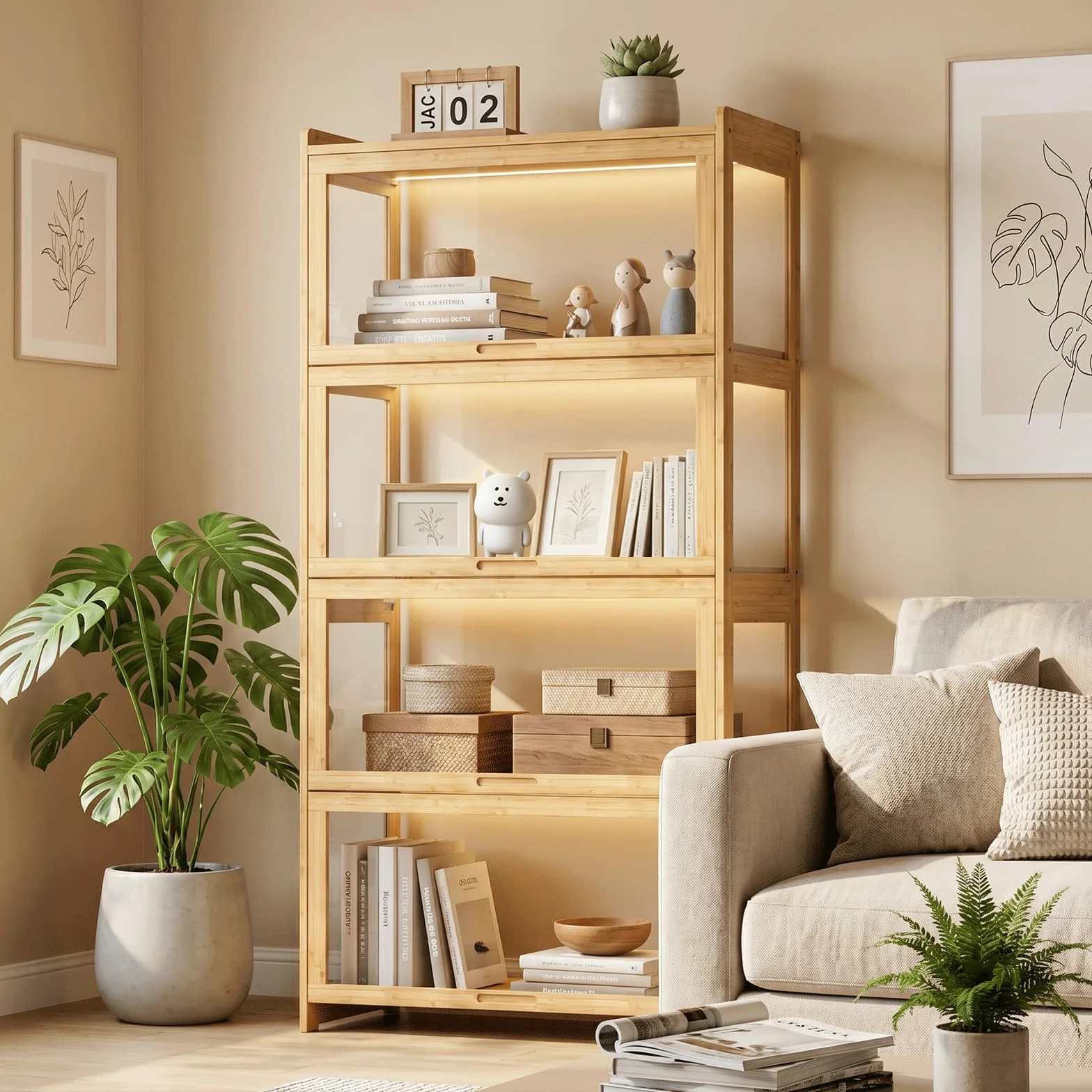 Magshion Vitrina de acrílico de 4 niveles con puerta, estante transparente de pie, estantería de exhibición de 27.5 pulgadas de largo x 13.5 pulgadas de ancho x 55 pulgadas de alto, color natural