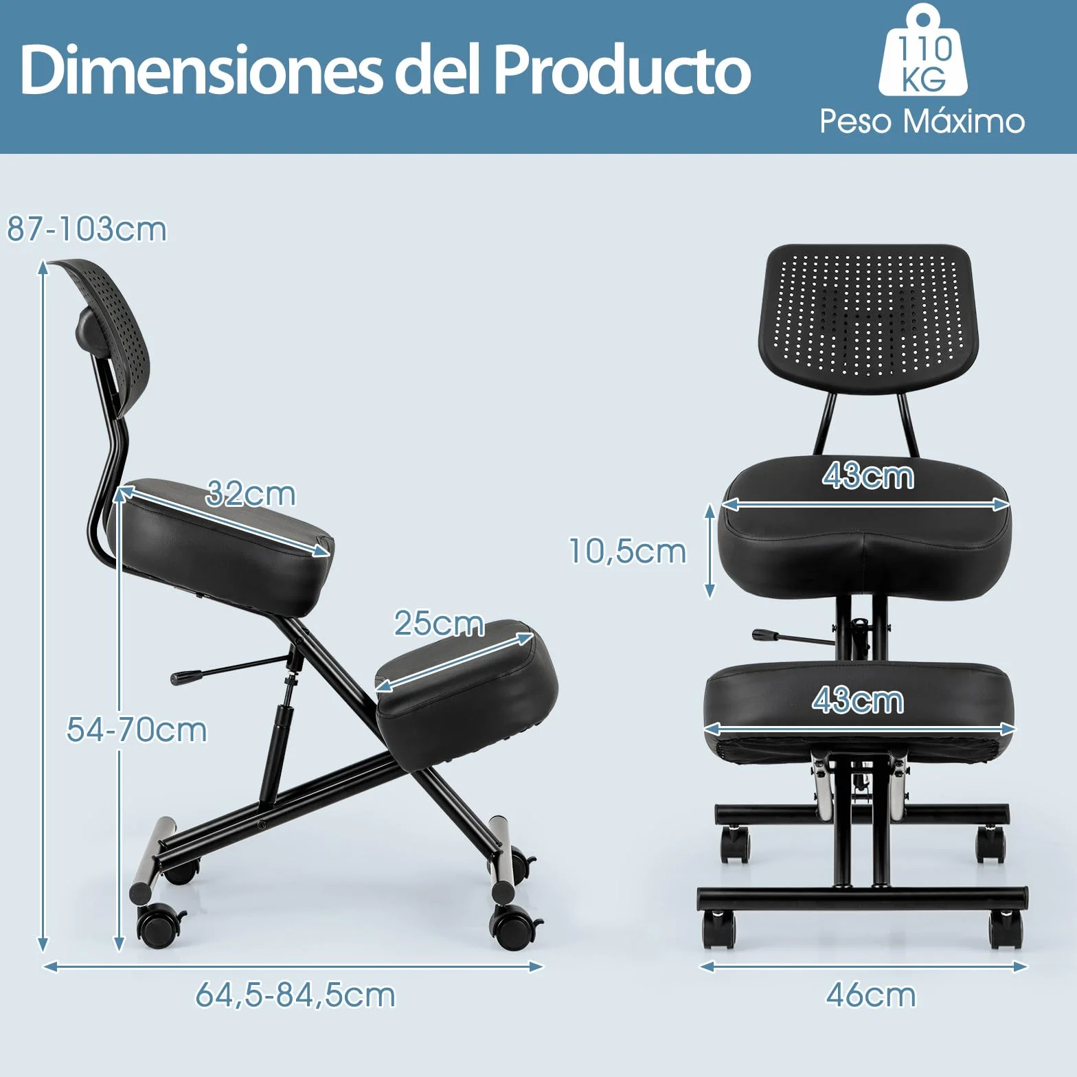 COSTWAY Silla Ergonómica Rodillas con Respaldo, Ajustable en Altura, Taburete Corrector de Postura con Asiento Inclinado, Silla Oficina con Ruedas Universales Bloqueables, 64,5-84,5 x 46 x 87-103 cm