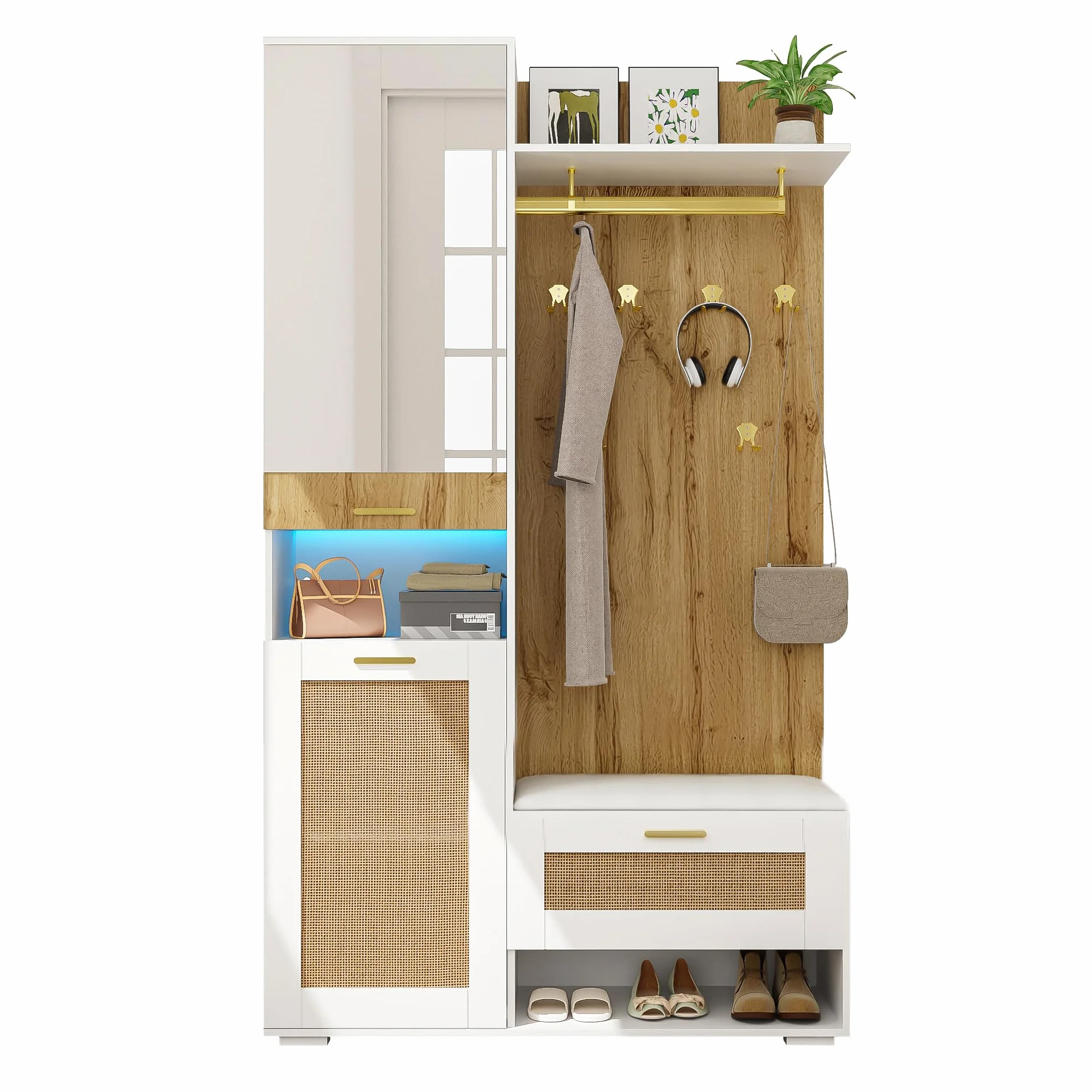 Moimhear Juego de guardarropas, 110x38x190cm, juego de armario con espejo, 5 perchas doradas, zapatero, perchero de pared, banco y iluminación LED de 16 colores