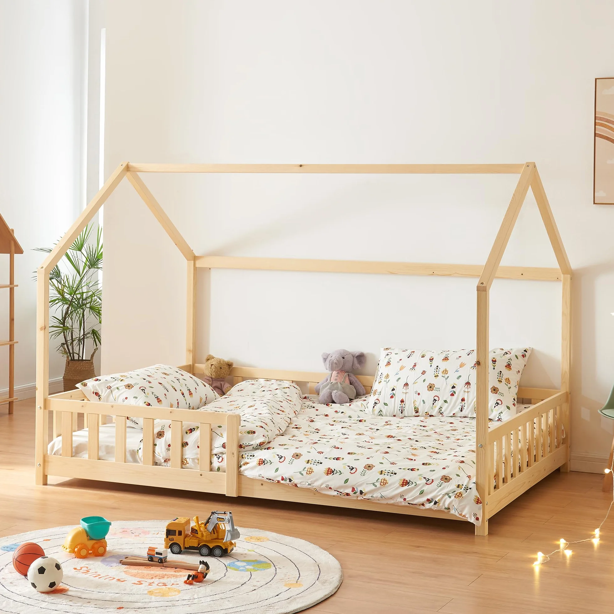[en.casa] Cama para Niños Hesel Decorativa Cama Infantil Individual con Somier y Barandilla Estructura en Forma de Casa Estilo Montessori Madera de Pino 120 x 200 cm - Efecto Madera