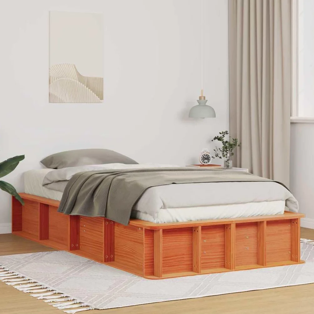 Marco de cama marrón cera, 100 x 200 cm, madera de pino maciza, estructura individual con somier, robusta cama de plataforma para adultos y jóvenes, muebles de dormitorio duraderos