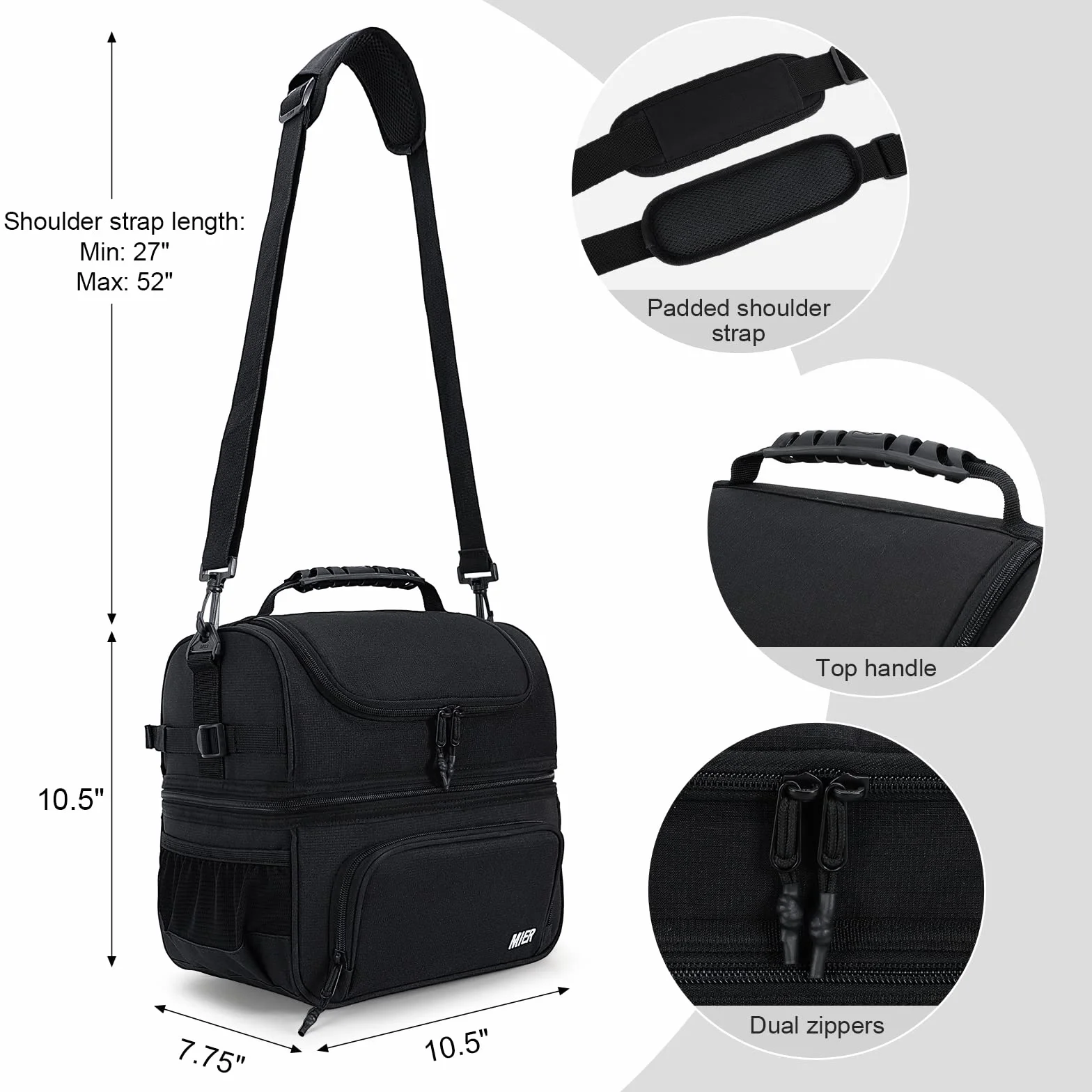 MIER Bolsa de almuerzo con doble compartimento para hombres y mujeres, bolsa térmica aislada a prueba de fugas, color negro