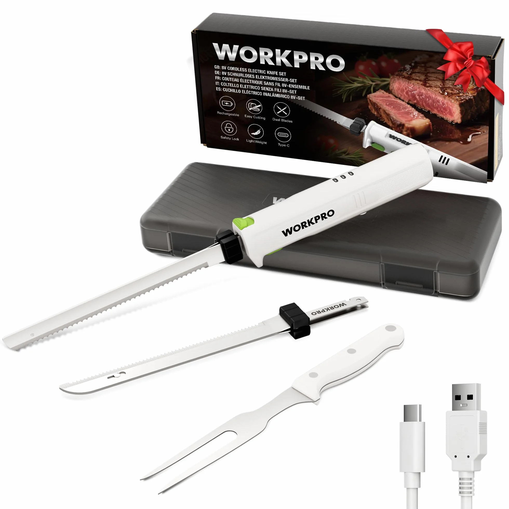 WORKPRO Cuchillo Eléctrico Inalámbrico 8V, Lavable en Lavavajillas, con Caja de Almacenamiento, 2 Cuchillas de Acero Inoxidable, Tenedor, Ideal para Carne, Pan, Jamón y Queso