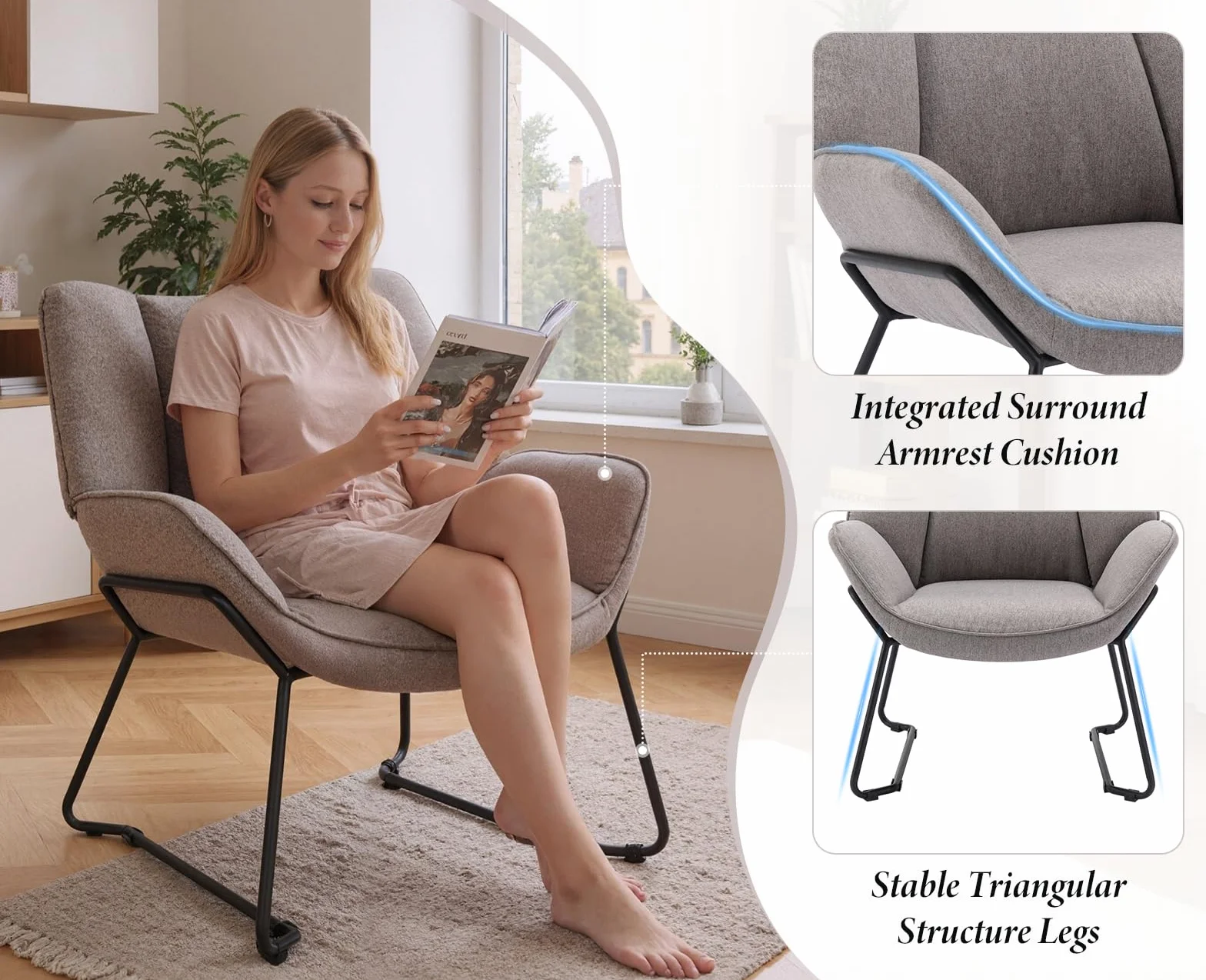 chairus Sillón de Salón Moderno de Lino Butaca Ocio de Dormitorio con Reposabrazos, Sillón Tapizado Lectura con Patas Negras para Hogar/Sala de Estar, Gris