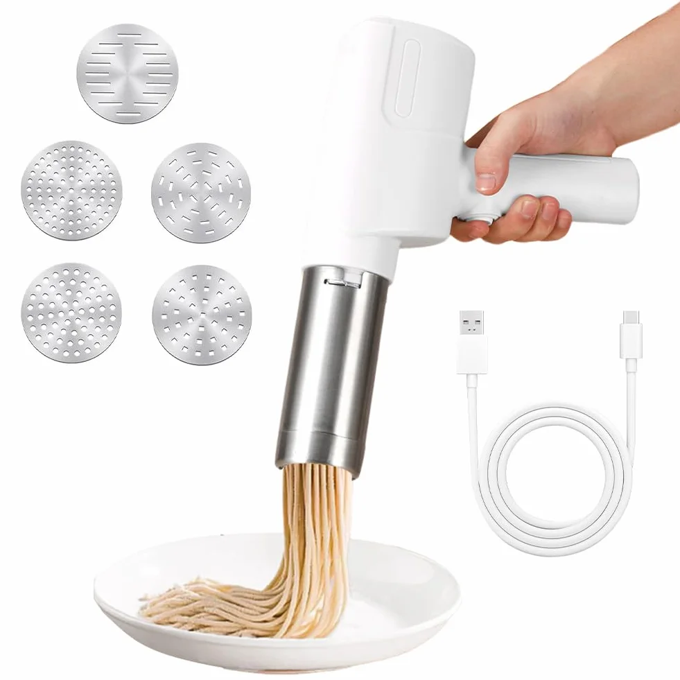 Máquina de pasta eléctrica de mano, prensa eléctrica portátil de 2000 mAh, máquina automática de pasta recargable con 5 moldes de prensa para fideos caseros/espagueti/macarrones