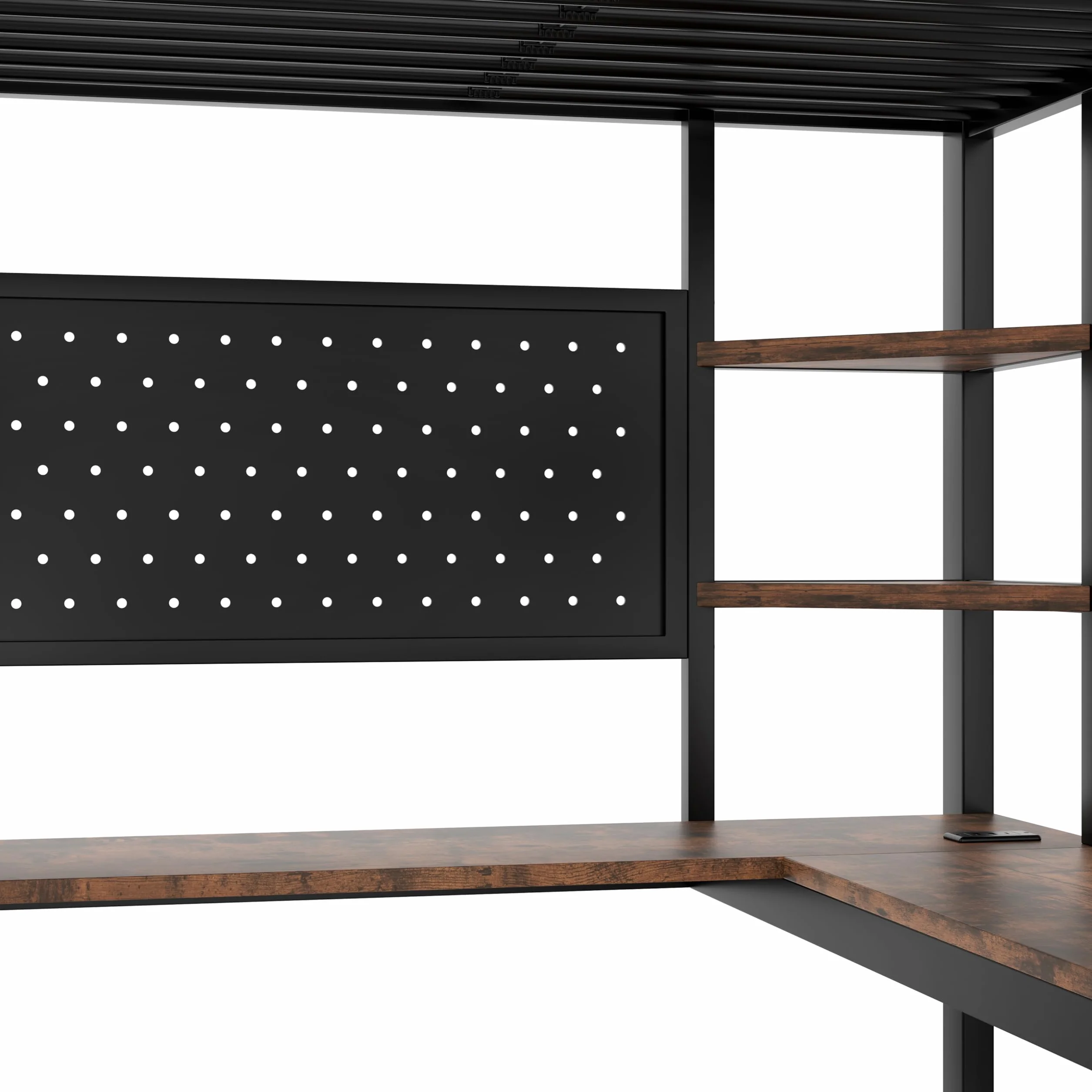 Moimhear Cama alta, marco de hierro, escritorio, barandilla, escalera de tijera, varios estantes, con USB+Type-c, con barra LED, con tabla perforada, sin colchón (negro, 90 x 200 cm)