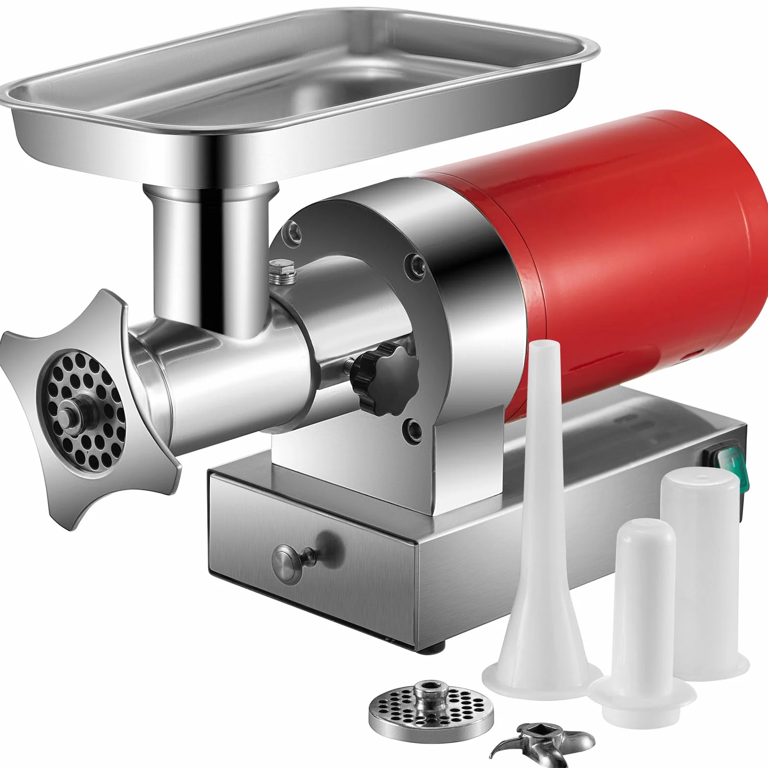 VEVOR Picadora de Carne Eléctrica, 300 kg/Hora, 800 W, 1,5 HP con 2 Placas de Molienda, Kit para Salchichas, Picadora de Carne Resistente, Uso Doméstico, Cocina y Comercial, 54 x 22 x 32 cm, Rojo
