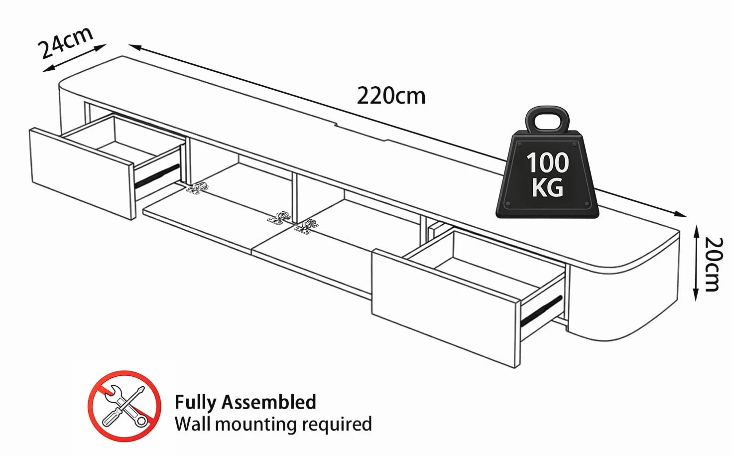 Mueble TV Suspendido Moderna con luz LED | Consola de Medios de Entretenimiento Montada en la Pared | Banco de TV con Gran Capacidad de Almacenamiento para Sala de Estar y Oficina (Caqui, 220cm)