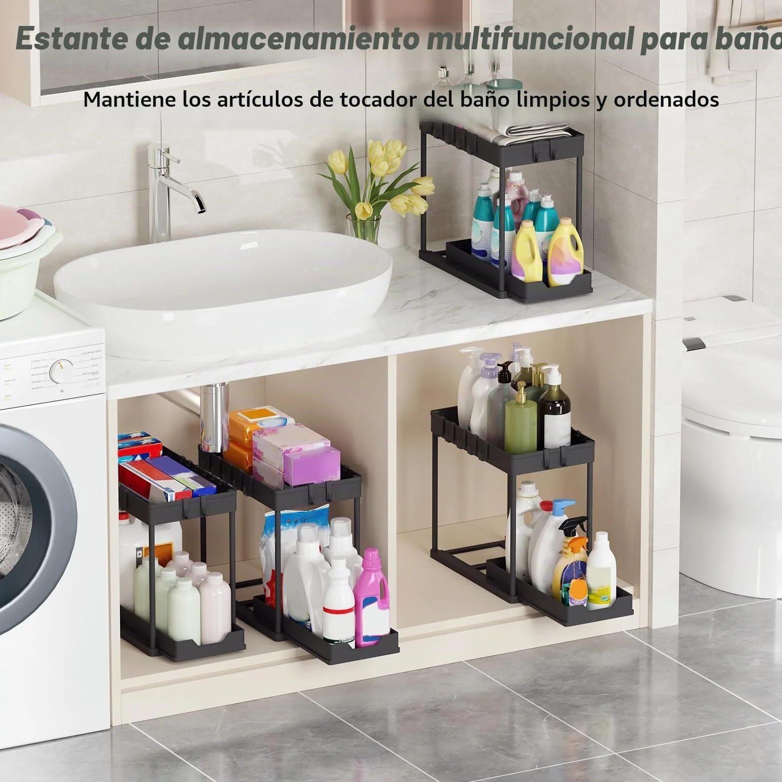 Organizador Cocina 2 Niveles para Debajo del Fregadero - Estante Almacenamiento Extraíble con 16 Ganchos, Negro