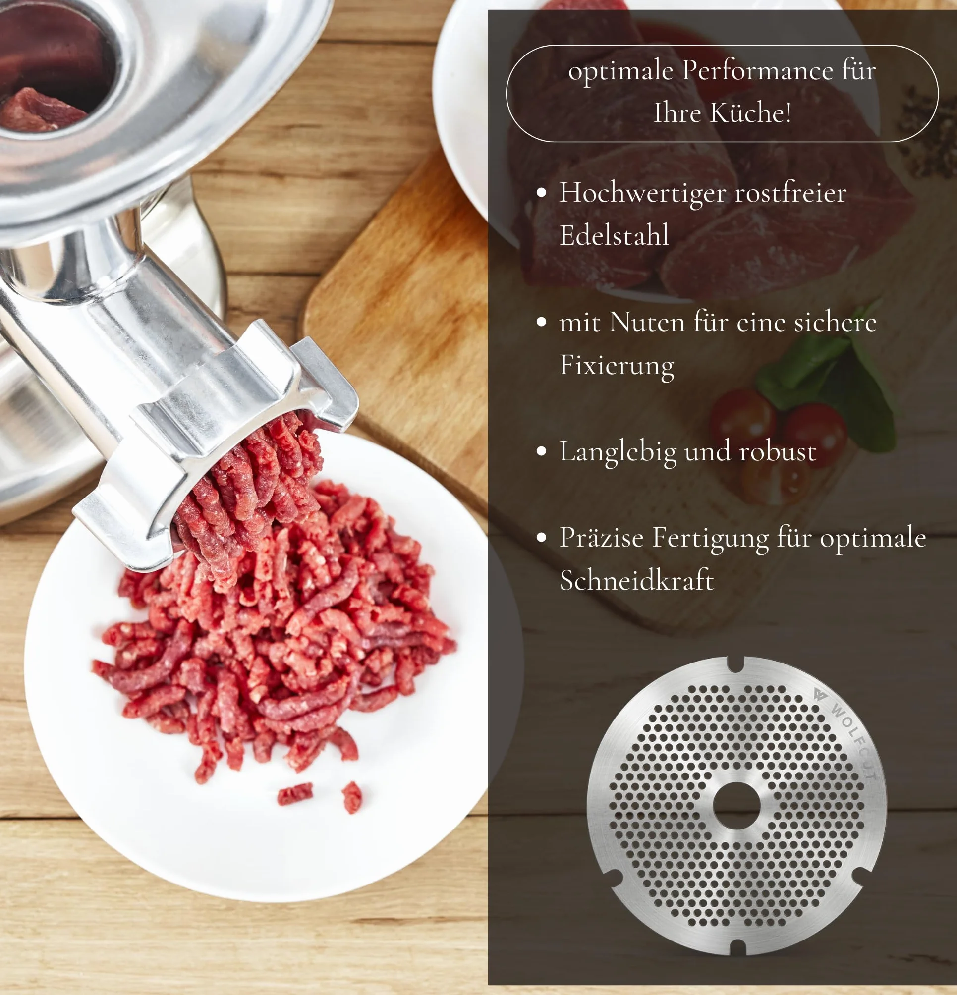 Wolfcut Inox Longlife - Juego de cuchillas para picadora de carne (4 ranuras y rosca de 3,0 mm, incluye un cuchillo en cruz Longlife y tapa atornillable compatible con todas las marcas de picadora de