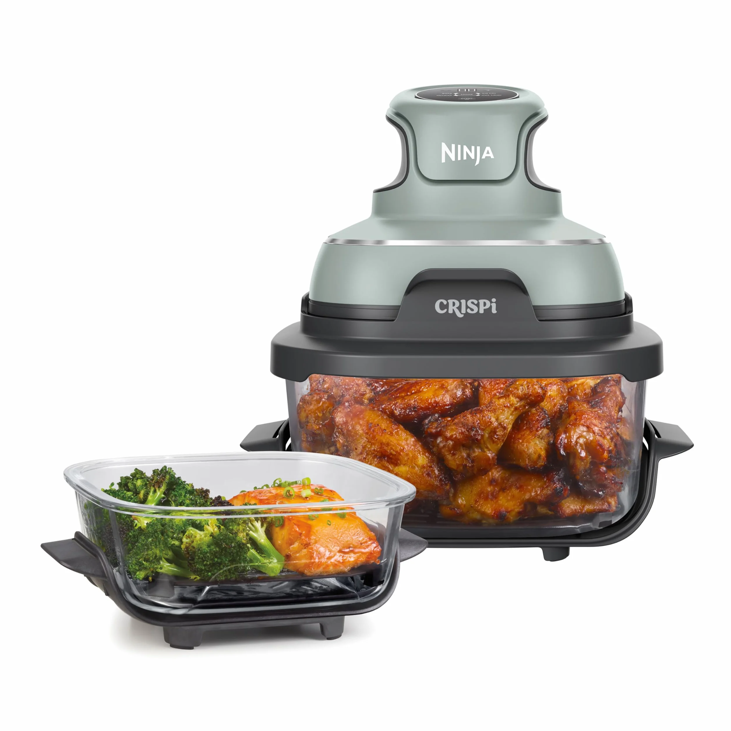 Ninja CRISPi Freidora de Aire portátil, 3,8 l, 4 en 1, freír con Aire, Asar, Mantener Caliente y gratinar, compacta, Incluye 2 recipientes de Vidrio extraíbles y Tapas