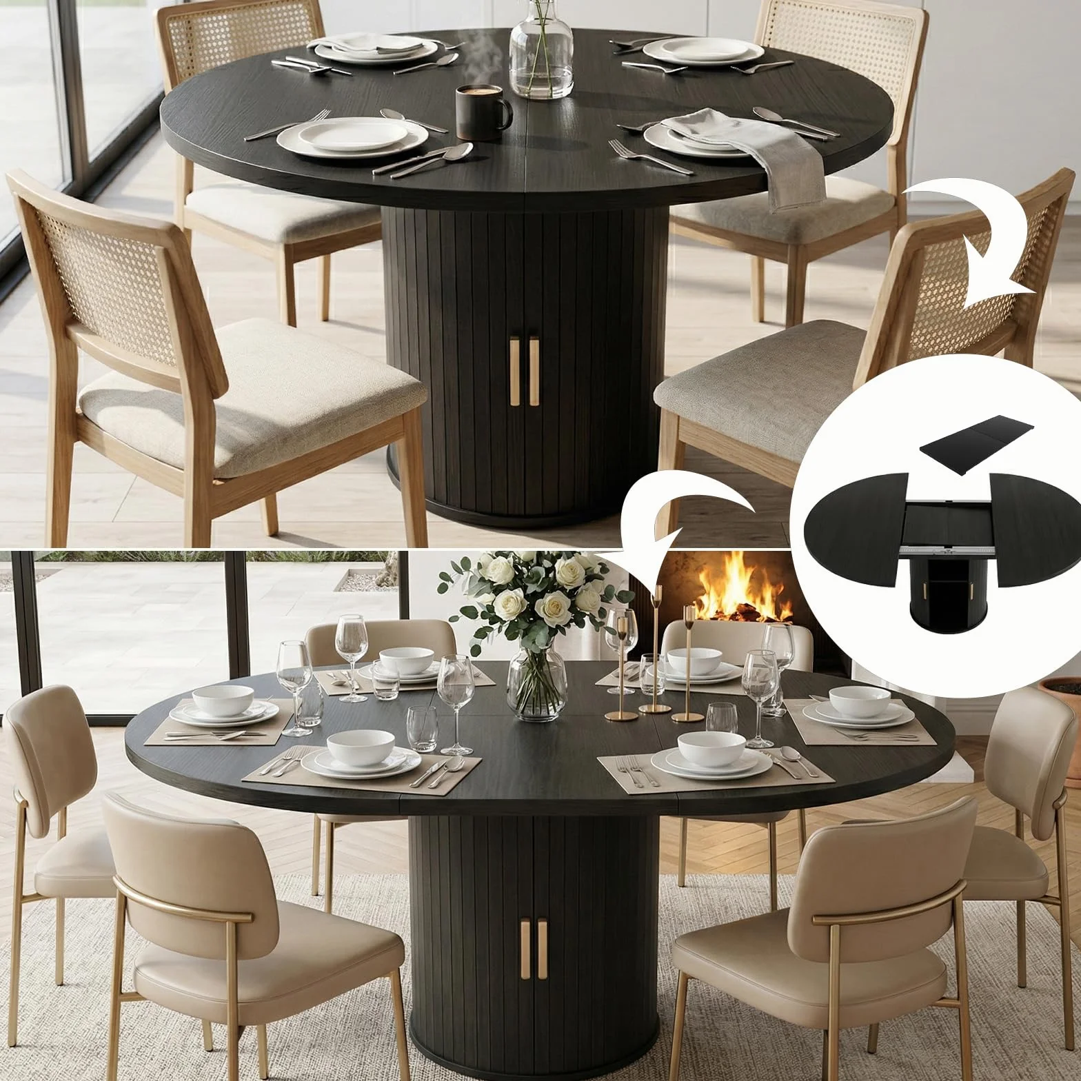 Mesa de comedor redonda extensible - de redonda a ovalada | Mesa de comedor moderna con base cilíndrica, mesa de cocina de madera para 4-6 personas, color negro (solo mesa)