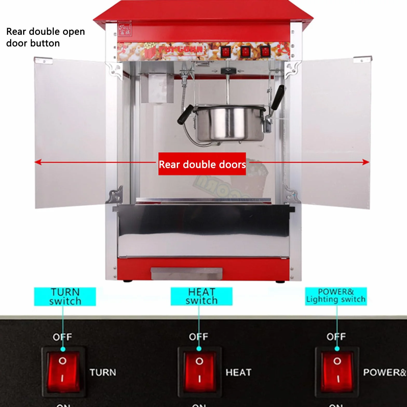 Máquina de Palomitas,Superficie de Calentamiento Extraíble | Antiadherente，profesional, comercial, de acero inoxidable, grande, retro,1400W