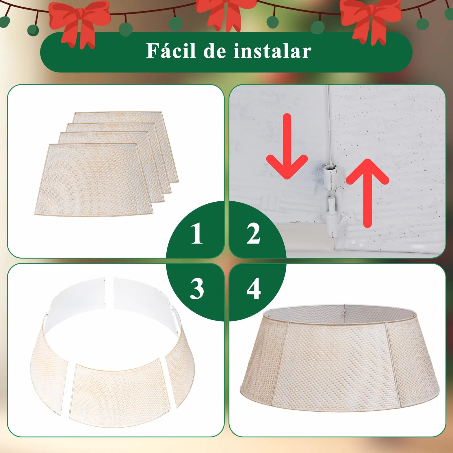 Lanpn Metal Collar Árbol de Navidad 50cm, Albero Natale Decorativo Christmas Tree Collar para Pequeño Mini S Árboles Artificiales Interior Exterior - Decoración Navideña (Blanco, Sarga)