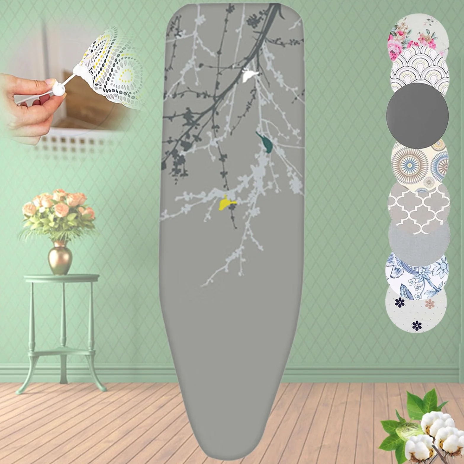 Funda para tabla de planchar resistente de 128 x 40 cm, funda acolchada de repuesto con cordón ajustable para mesas de planchar, diseño colorido de pájaros, se adapta a tablas de 120 x 47 cm