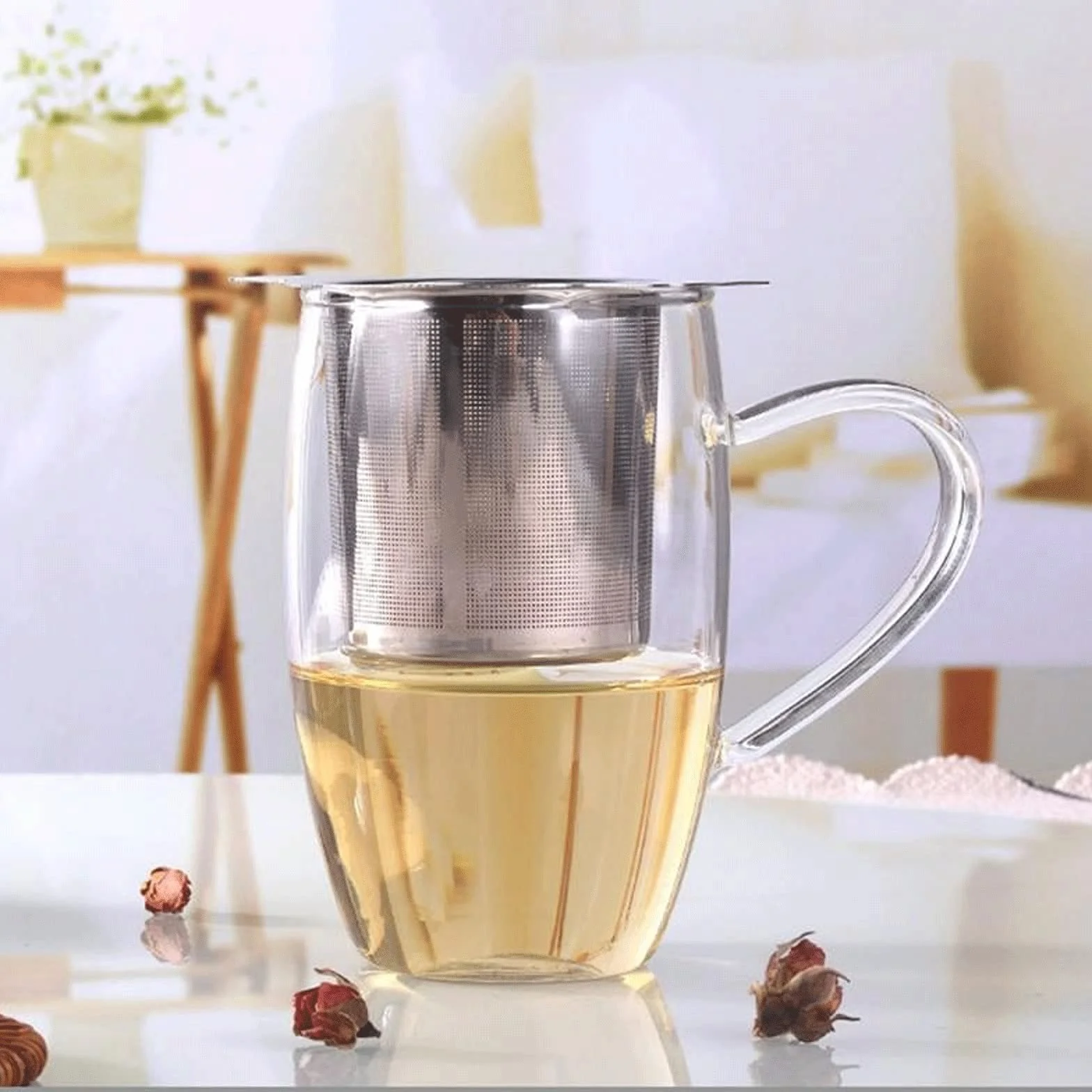 Colador de té de acero inoxidable con caover reutilizable, filtro de té de especias de hoja de té, filtro de té de malla fina, infusor de té con asa