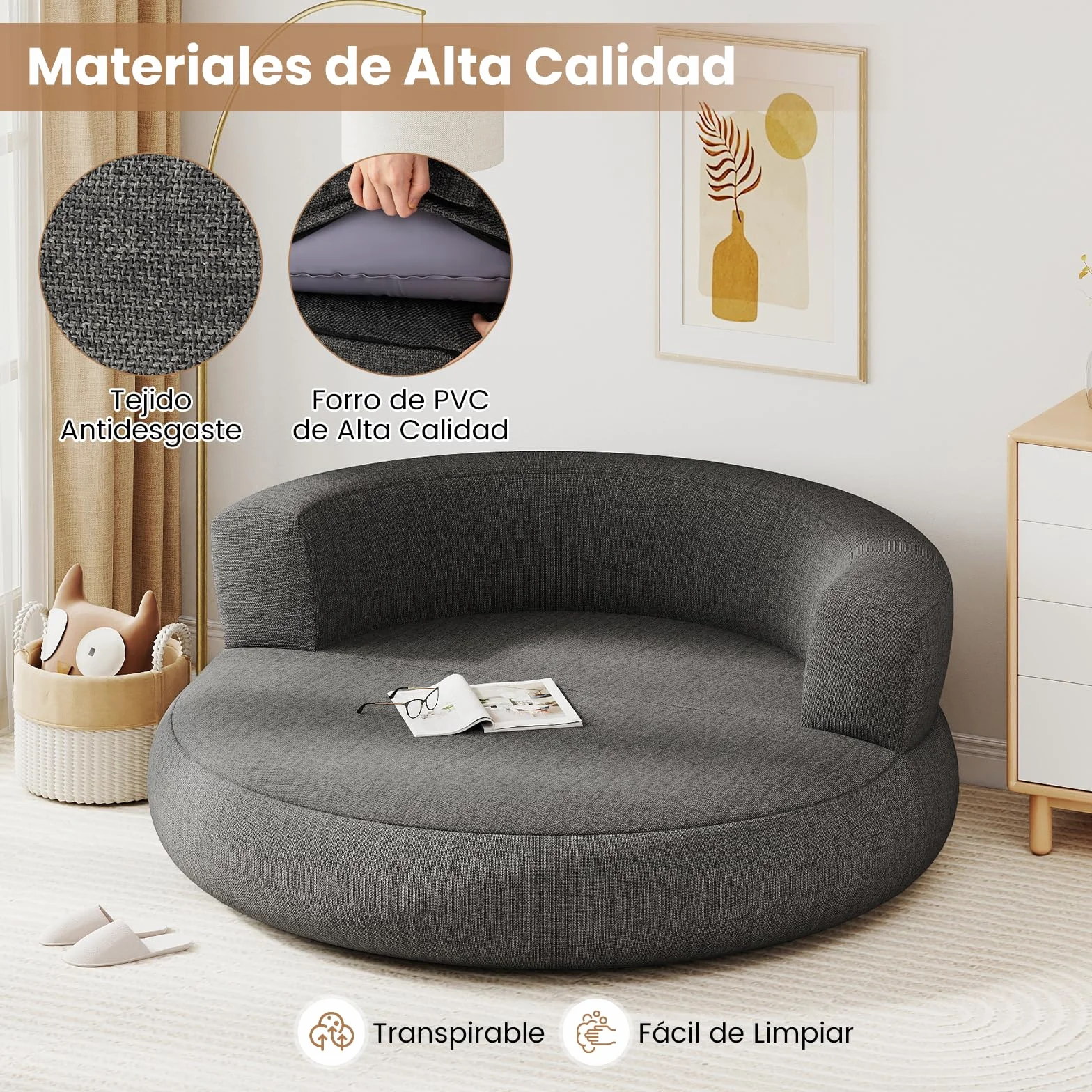 COSTWAY Sofá Hinchable XL, 160 x 164 x 61,5 cm, Sofá Cama Redonda Inflable con Funda Desmontable, Zona Espaciosa y Reposabrazos Amplios, Sillón Hinchable para Salón, Dormitorio, Oficina (Gris)