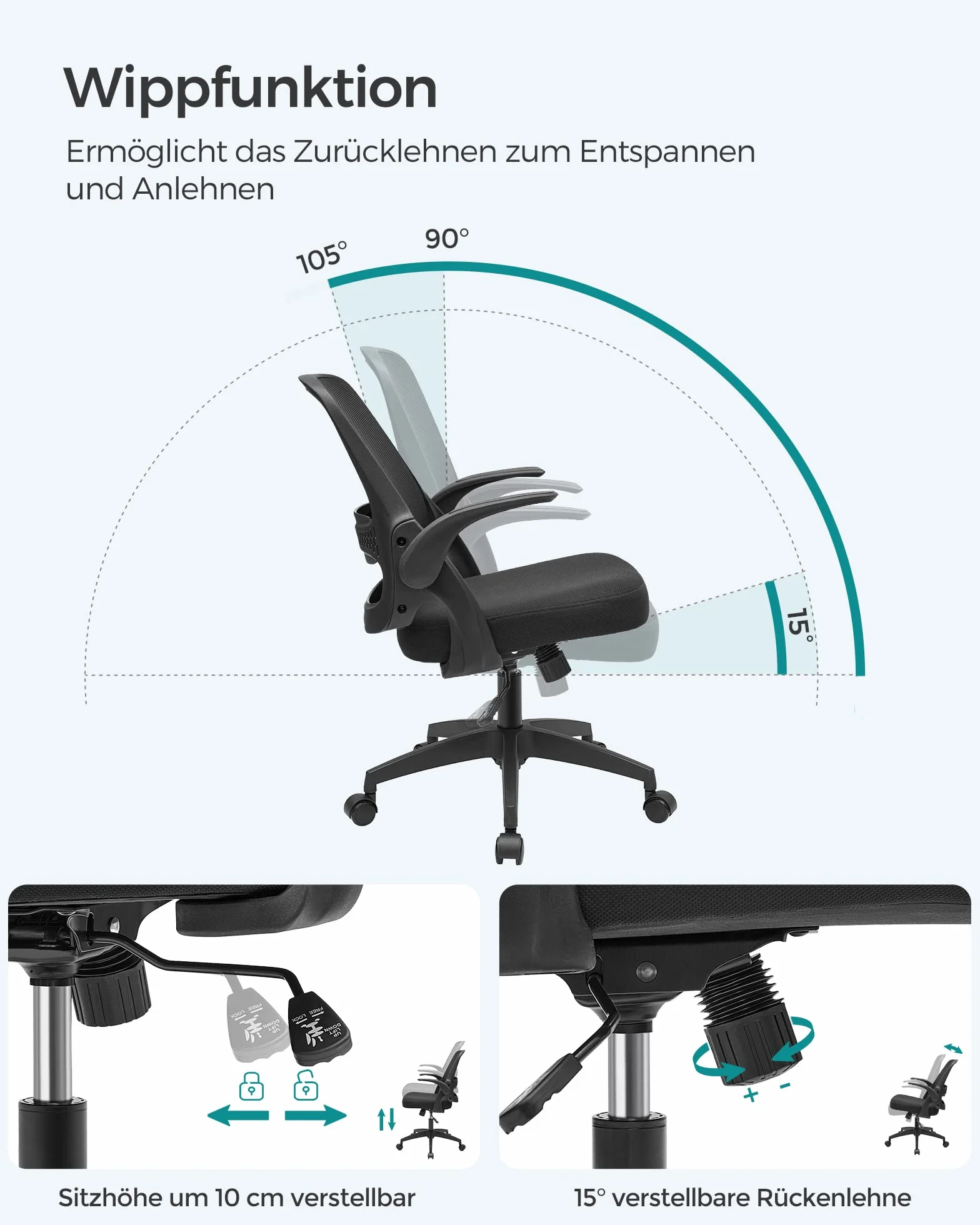 SONGMICS Silla de Oficina, Silla de Escritorio, Silla Giratoria Ergonómica, Silla de Ordenador, Altura Ajustable, Apoyabrazos Abatibles, Mecanismo de Inclinación, Negro OBN035B01
