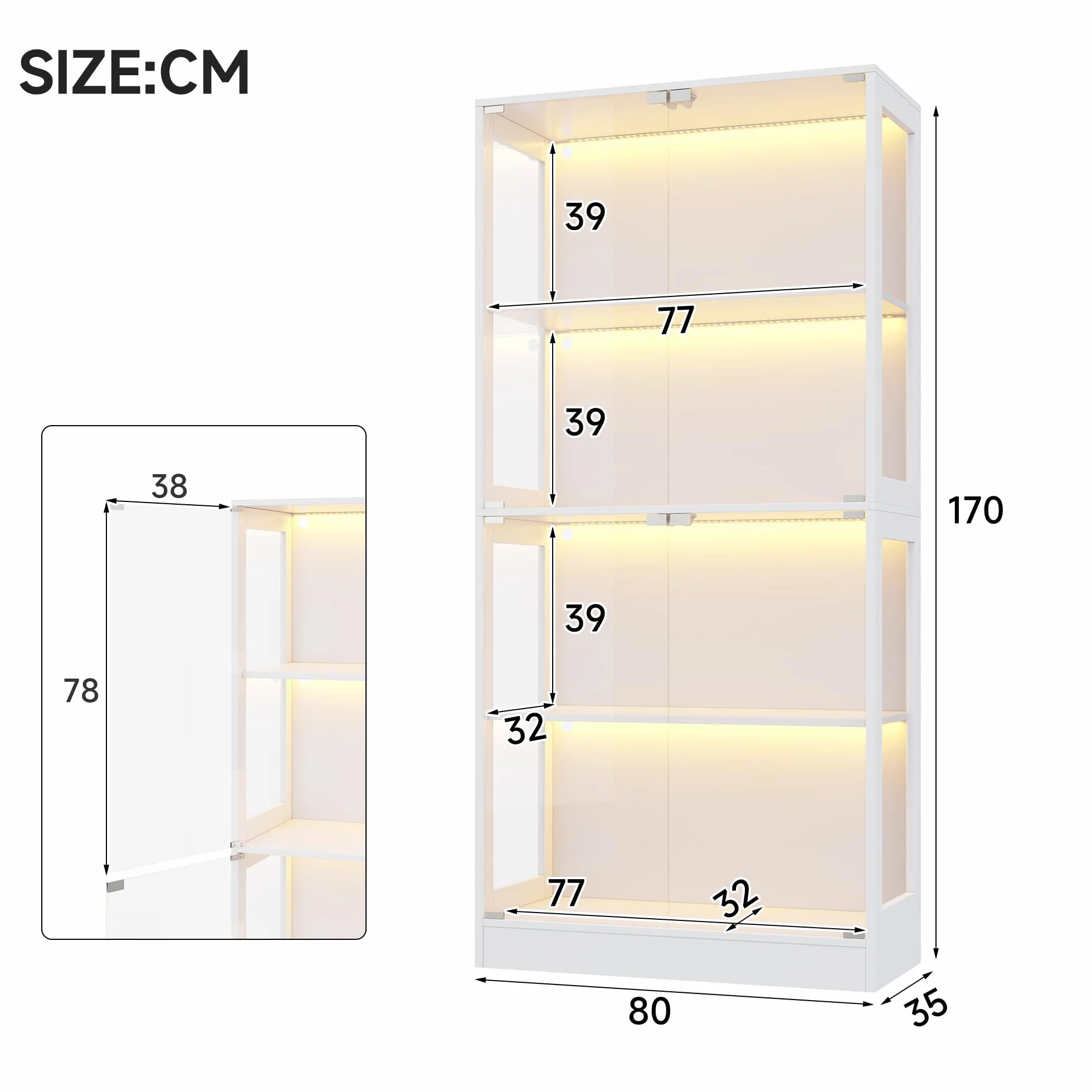 Soweiz Vitrina LED de cristal transparente, 4 niveles de almacenamiento, luz LED controlada por aplicación, puertas push to abiertas, vitrina para figuras y modelos (blanco, 80 x 35 x 170 cm)