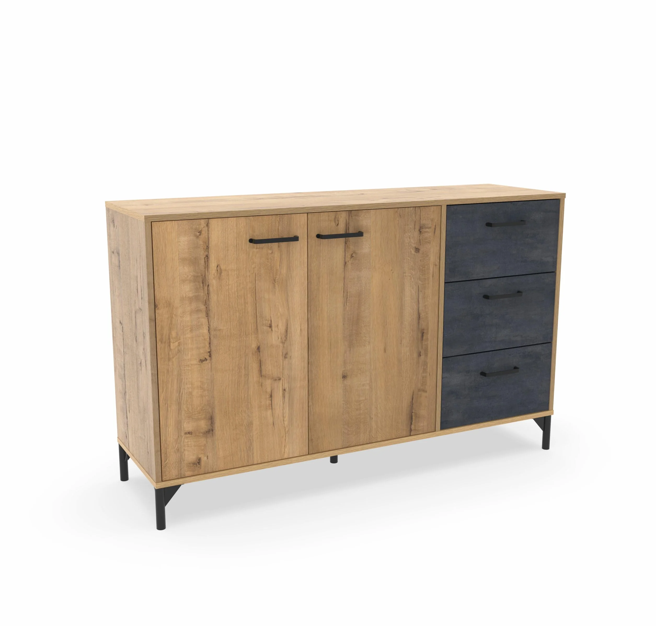 Aparador Salón Comedor, Buffet, Mueble Auxiliar, 2 puertas y 3 Cajones, Roble Gold combinado con imitacón mármol negro, 85x135x40cm, Despensa, Cocina, Despacho, Moderno, Industrial, modelo Nantes