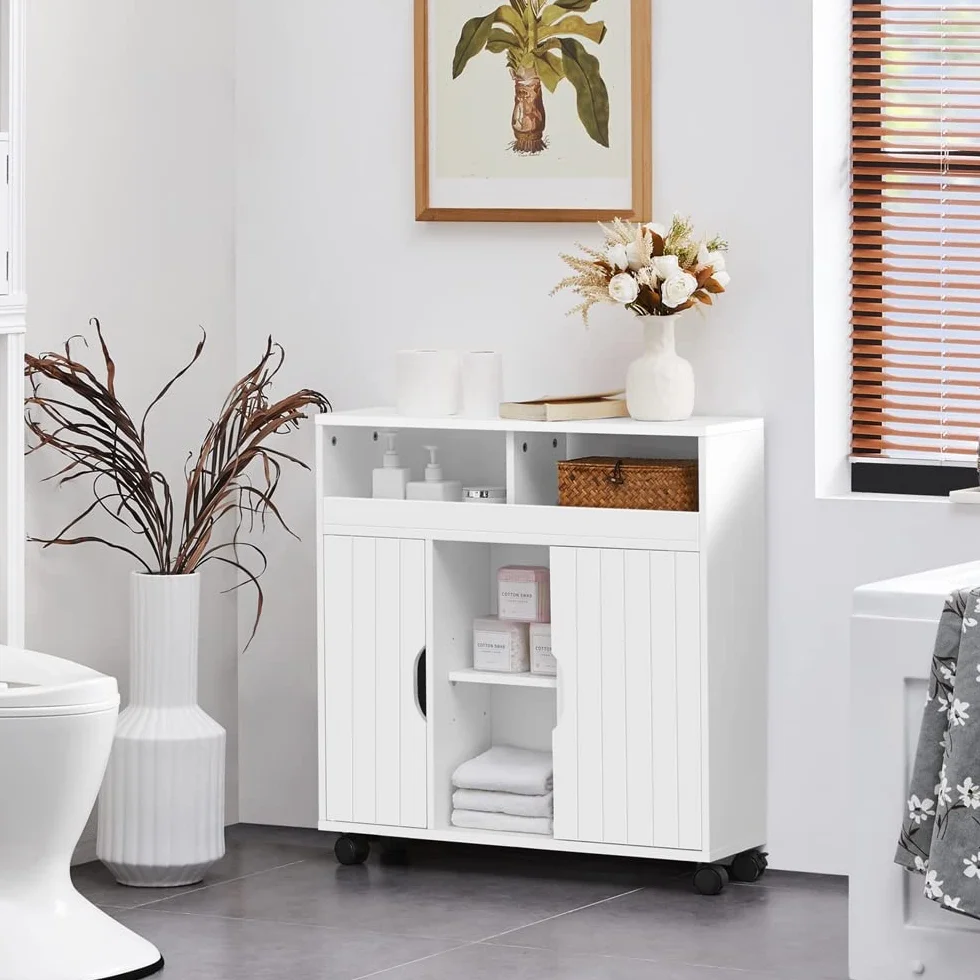 Yaheetech Mueble de Baño con Ruedas Armario de Suelo Estrecho con Puertas Correderas Mueble Cocina Auxiliar de Madera Lacada con Estantes para Espacio Estrecho 20 x 69.5 x 71.5 cm,Blanco