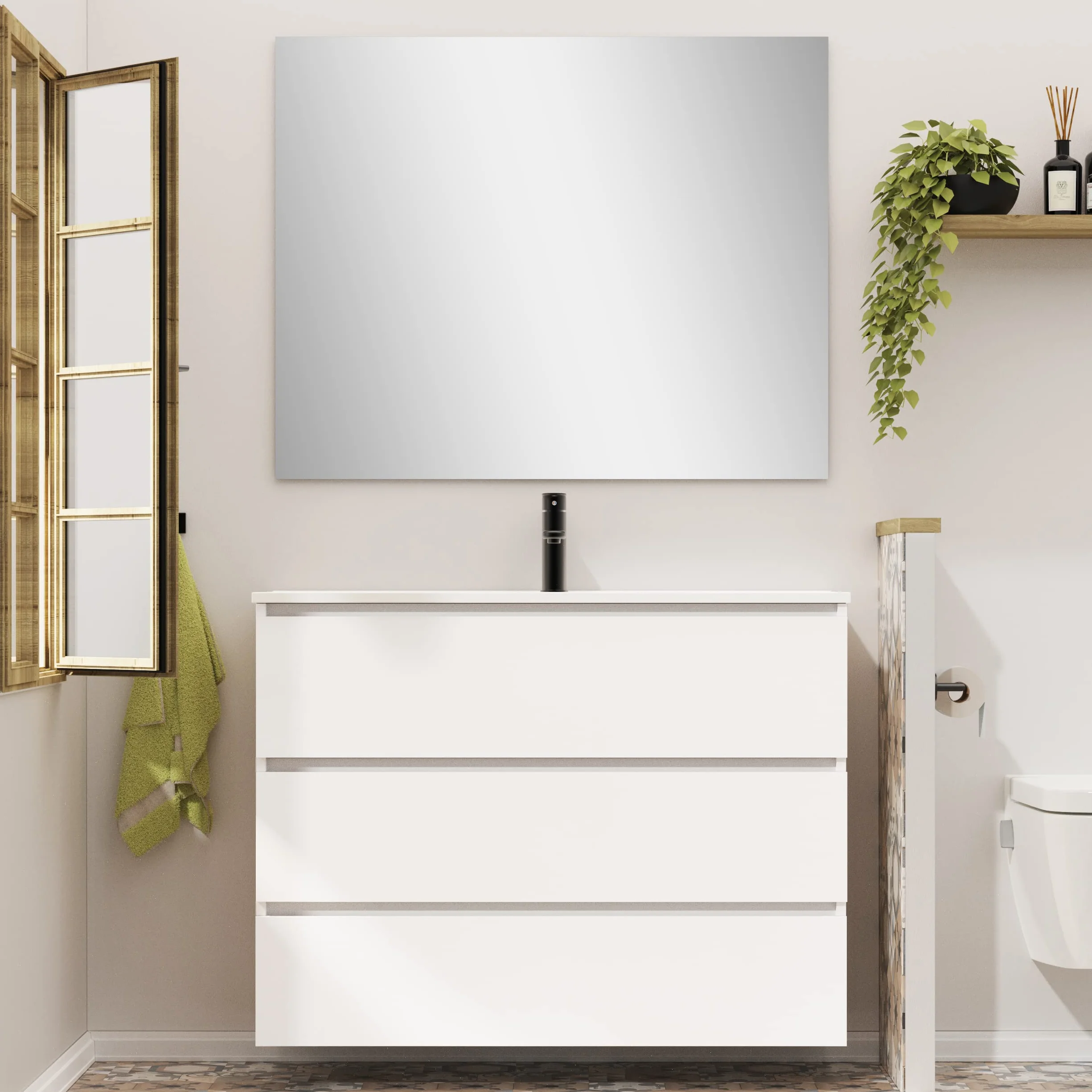 Baikal | Conjunto Completo de Mueble de Baño Suspendido a la Pared con Lavabo Cerámico y Espejo | Tres Cajones, Cierre Amortiguado, Melamina 16mm | Mueble MONTADO | Blanco Mate | 100cm