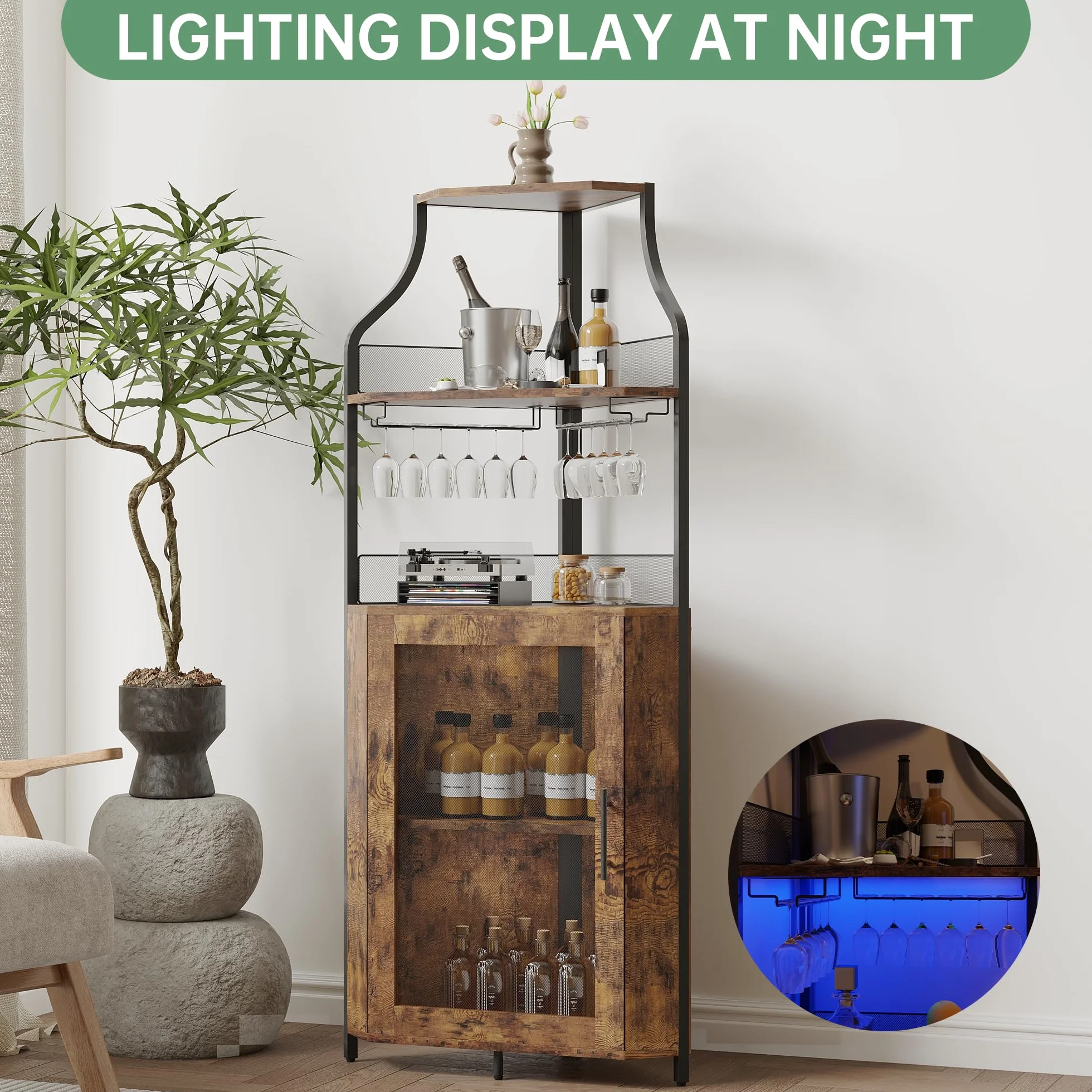 GarveeHome - Mueble esquinero para barra de vino con iluminación LED, 5 pisos ajustables y soporte para vasos integrados, ahorro de espacio de 35 cm para espacios reducidos (estilo loft retro