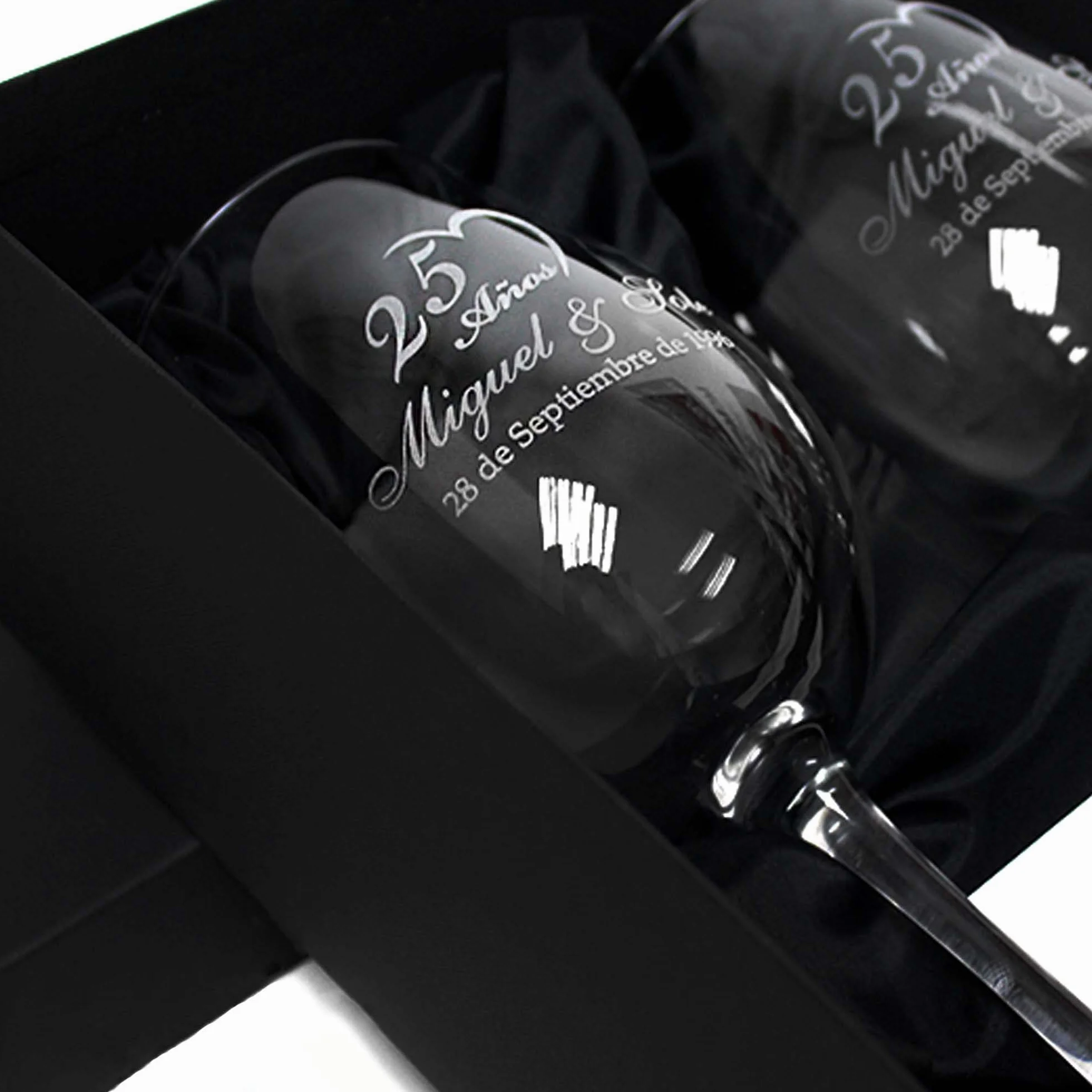 Set de Copas de Vino Personalizadas con Estuche de Madera, 2 Copas Grabadas con Láser, Incluye Sacacorchos (Bodas plata/oro)