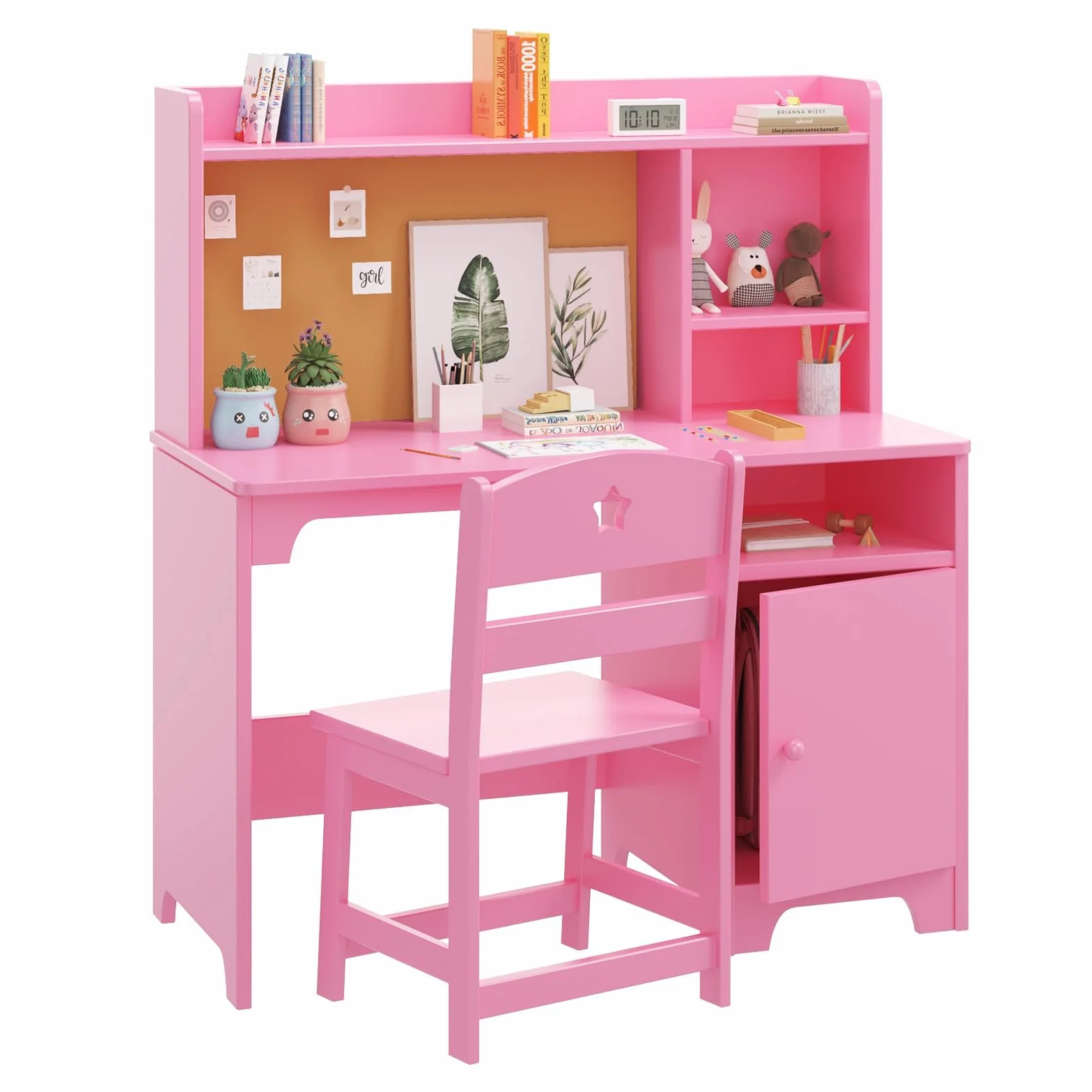 Escritorio Infantil de Madera con Silla y Estanterías, Mesa de Aprendizaje Multifuncional