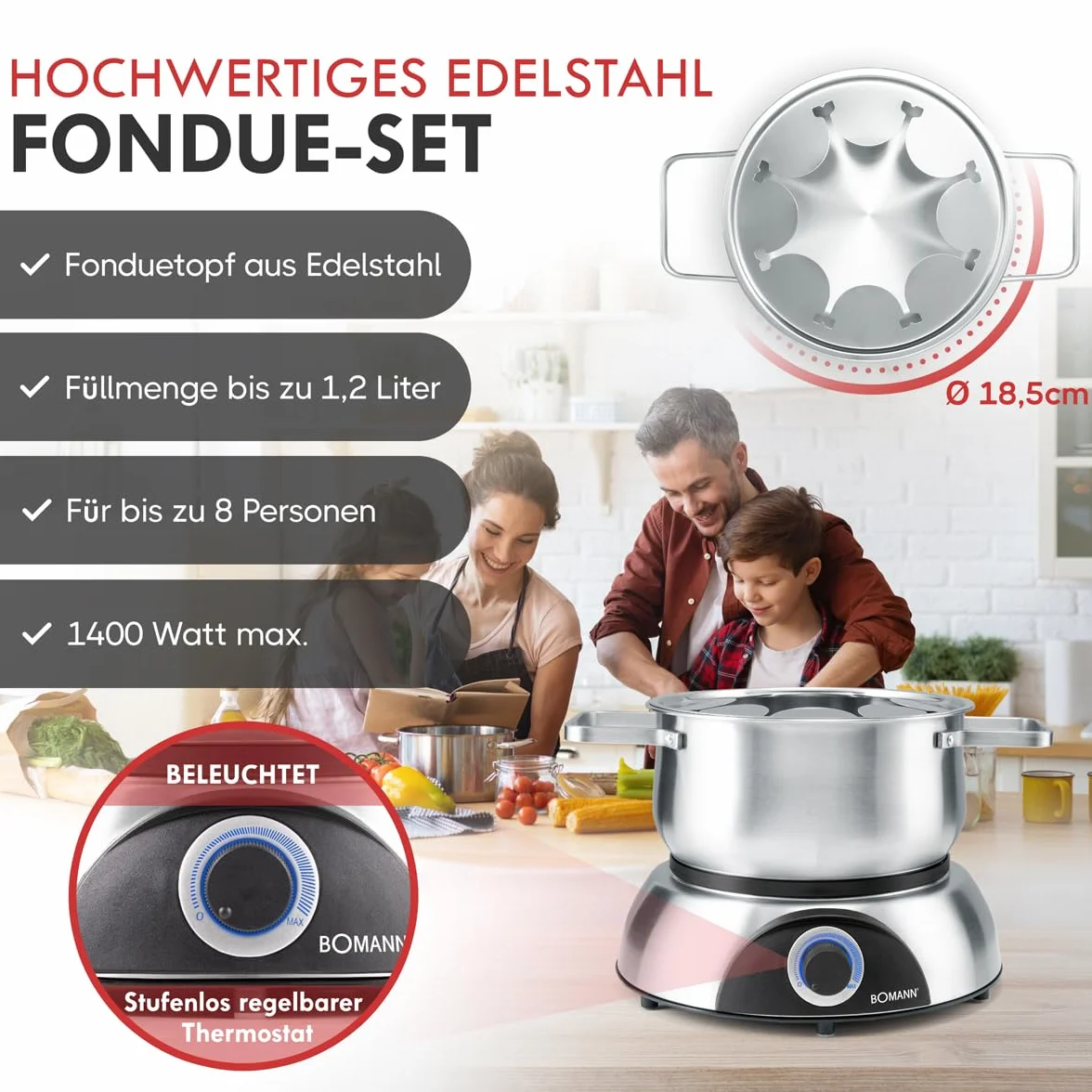 Bomann FD 2248 CB - Fondue eléctrica, 6 comensales, Recipiente 1,2 l, 1400 W