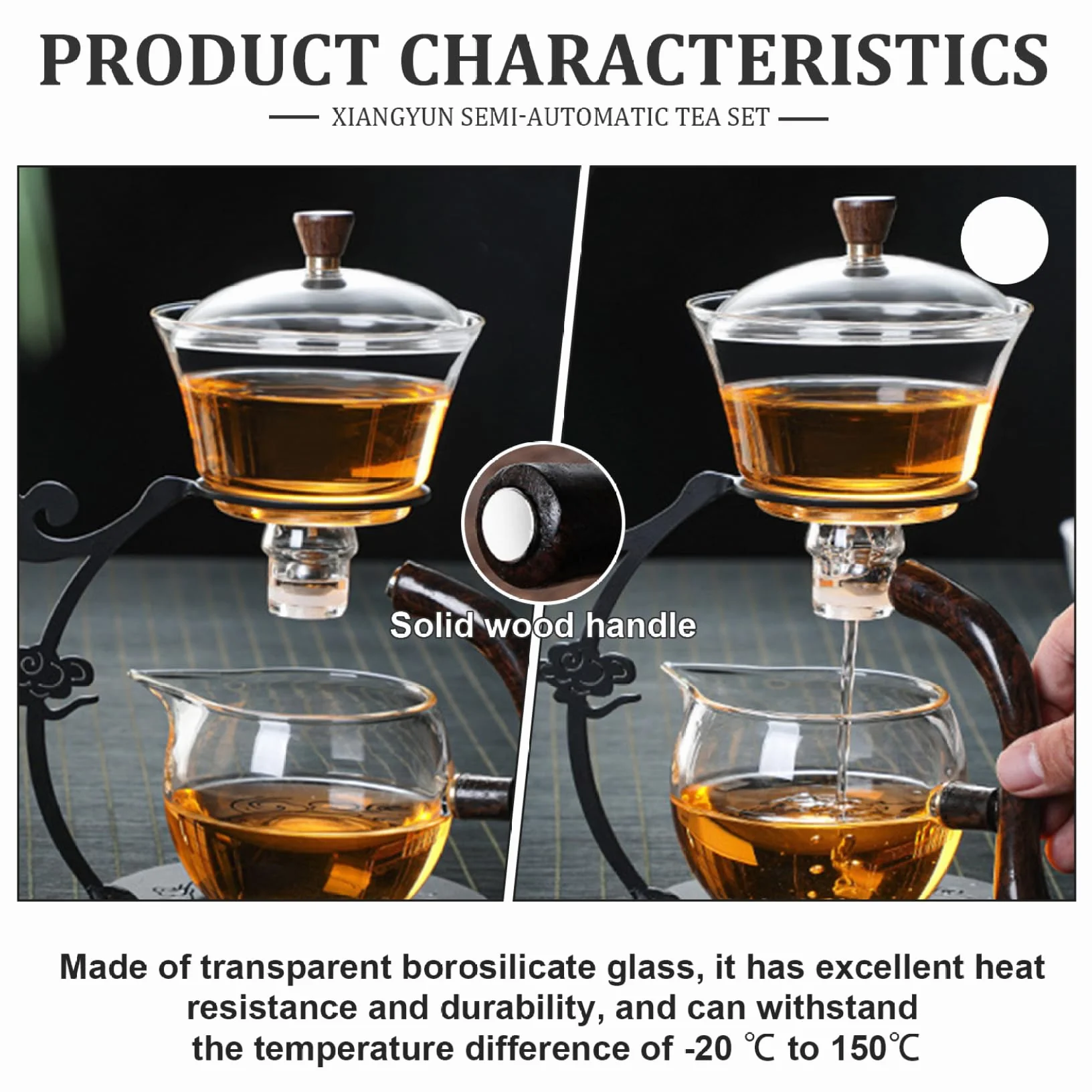 Tetera de vidrio semi automático, tetera magnética resistente al calor con filtro de acero inoxidable y mango anti-escaladrado, juego de té semiautomático de Kungfu.