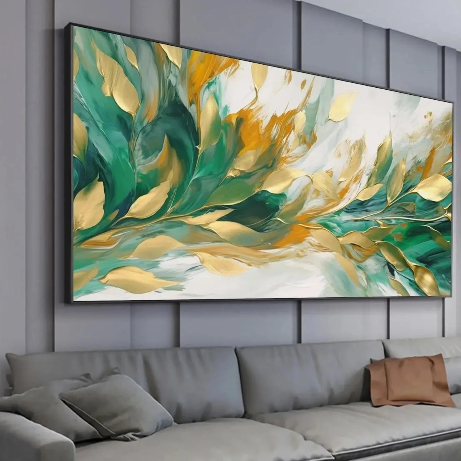Cuadro abstracto de hojas modernas grandes sobre lienzo, decoración artística dorada, planta verde, pintado a mano, arte de pared para sala de estar, 70 x 140 cm (28 x 55 pulgadas), con marco dorado.