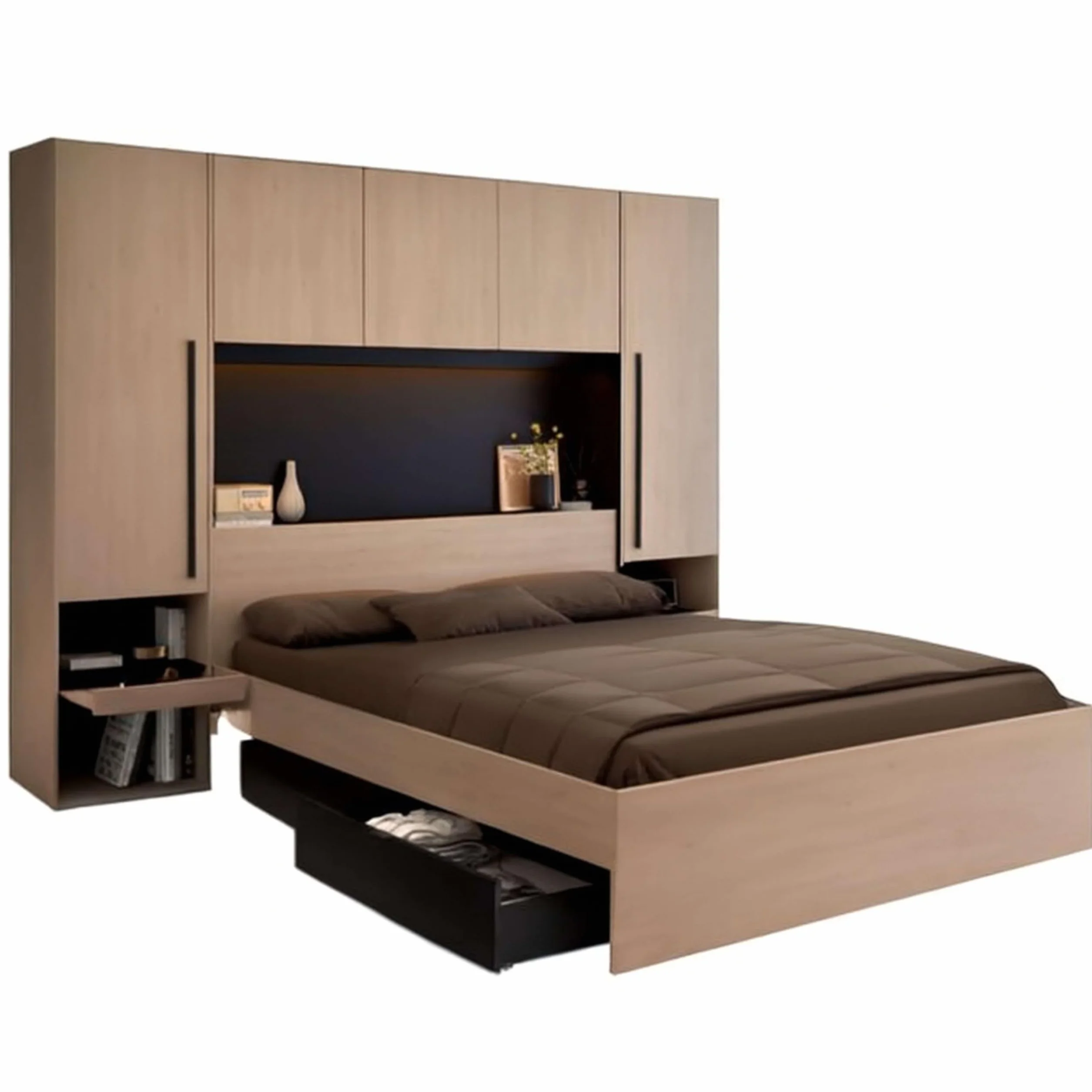 Miroytengo Pack Dormitorio Completo John Cama con cajones y Cabecero Puente Roble Brooklyn y Negro Stipple (Cama de 135-140x190 cm)