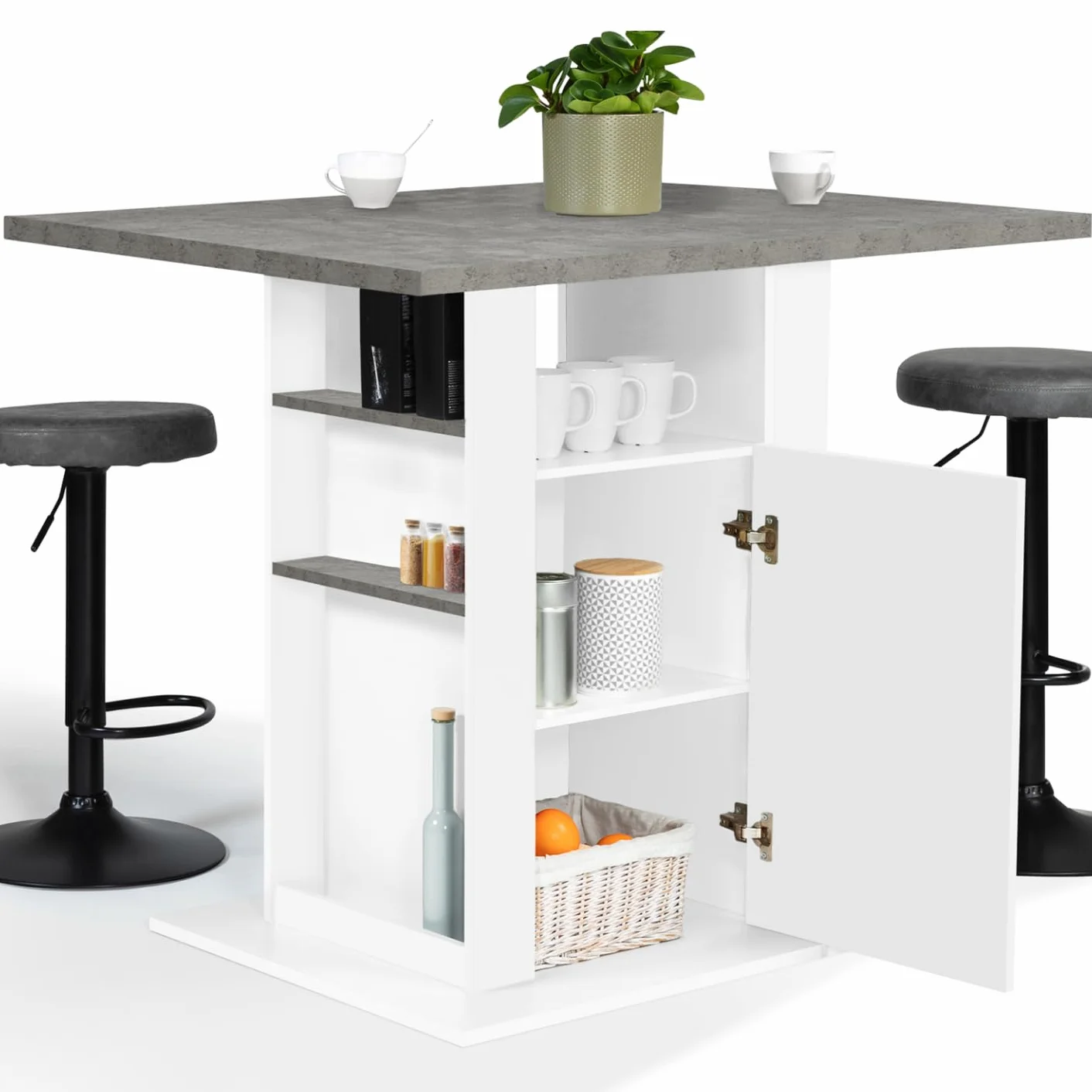 IDMarket - Isla central UGO de 110 cm con encimera de hormigón con efecto blanco y muebles de almacenamiento