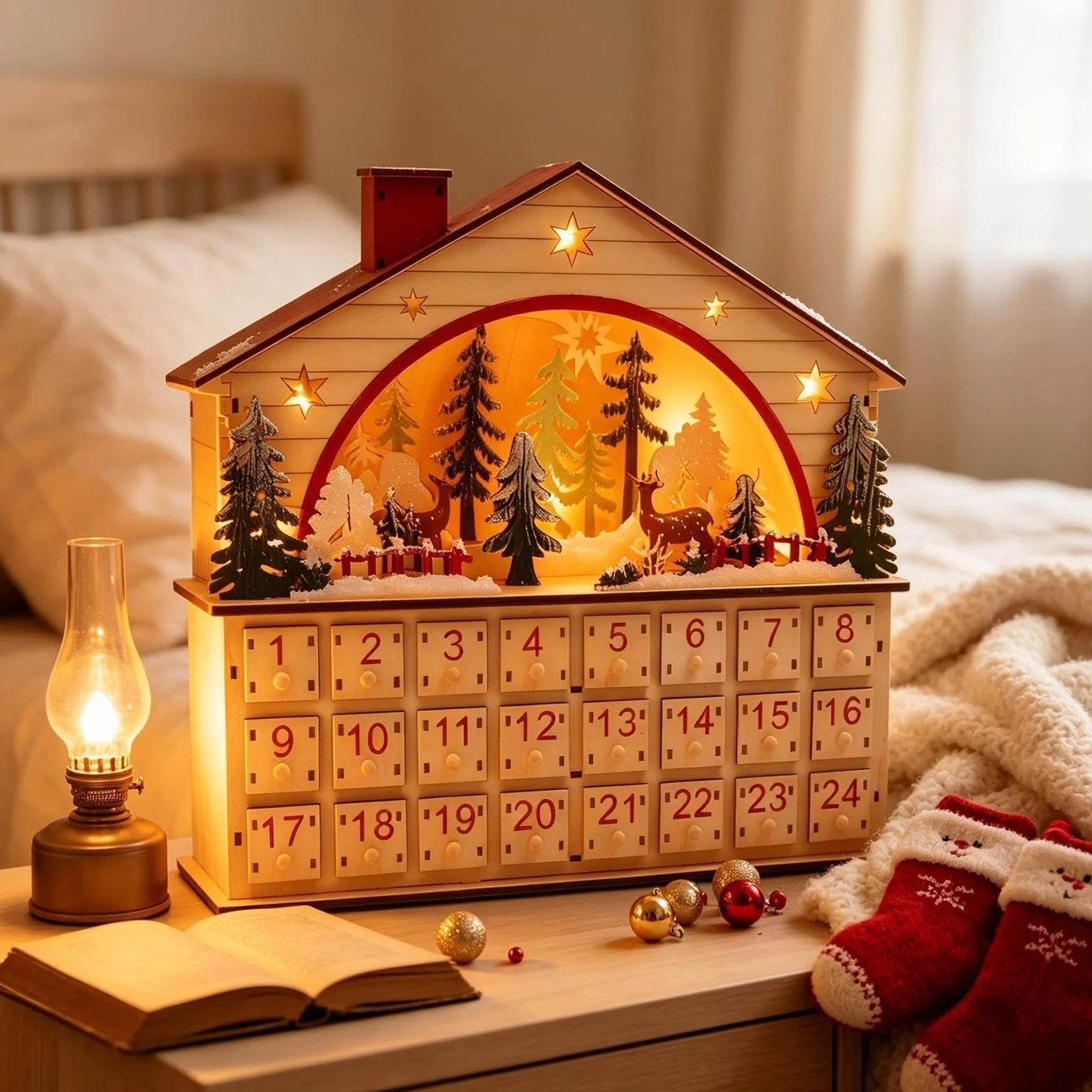 Cuenta Atrás Navidad 24 Días Gabinete de Escritorio Forma Casa Madera | Calendario de Cuenta Atrás para Navidad con Cajones para Apartamento Estantería Escritorio Salón Hogar