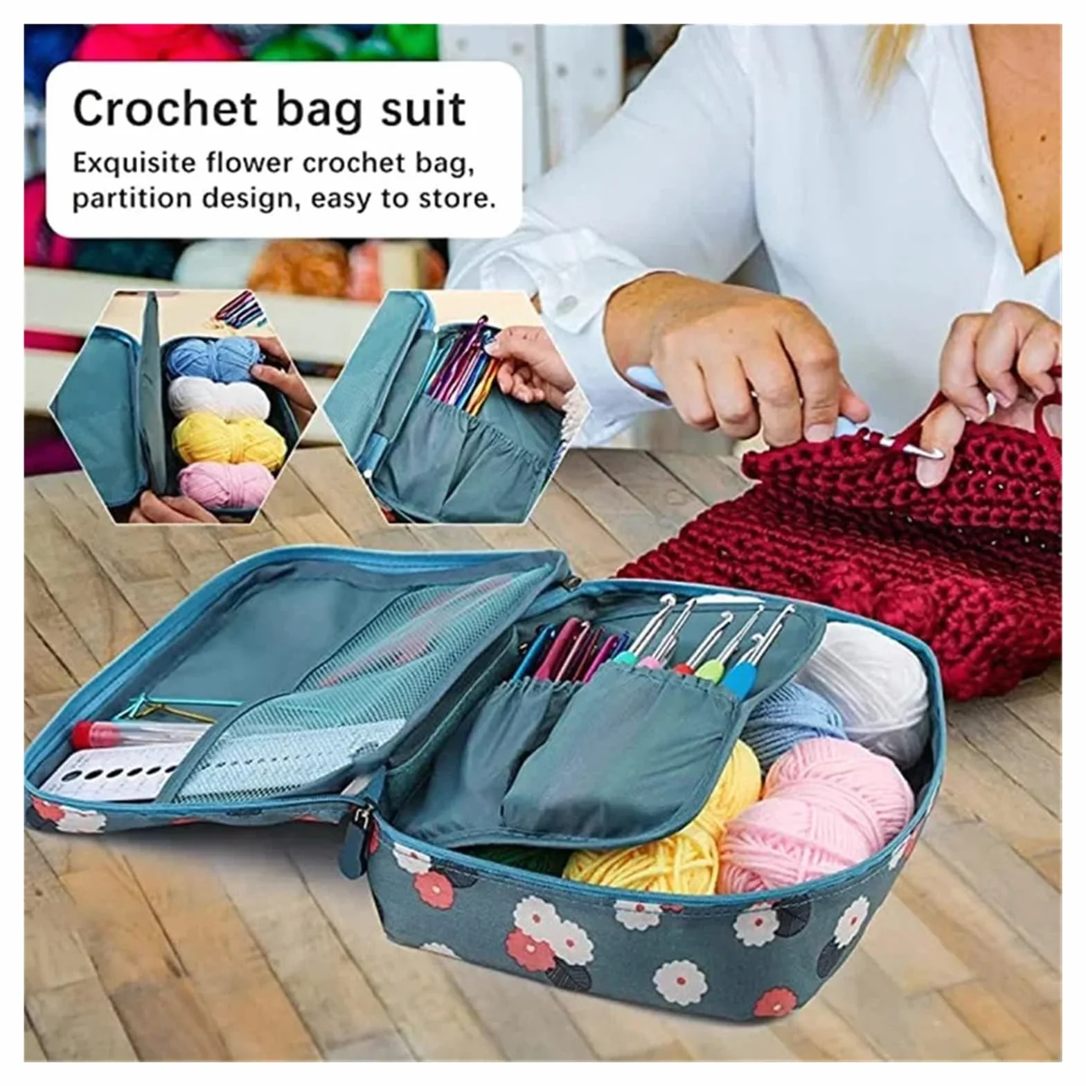 Kit Ganchillo Juego de bolsa de crochet portátil, herramienta for tejer lana, regla de costura, agujas, hilo, kit completo de material de crochet(107 pcs set)