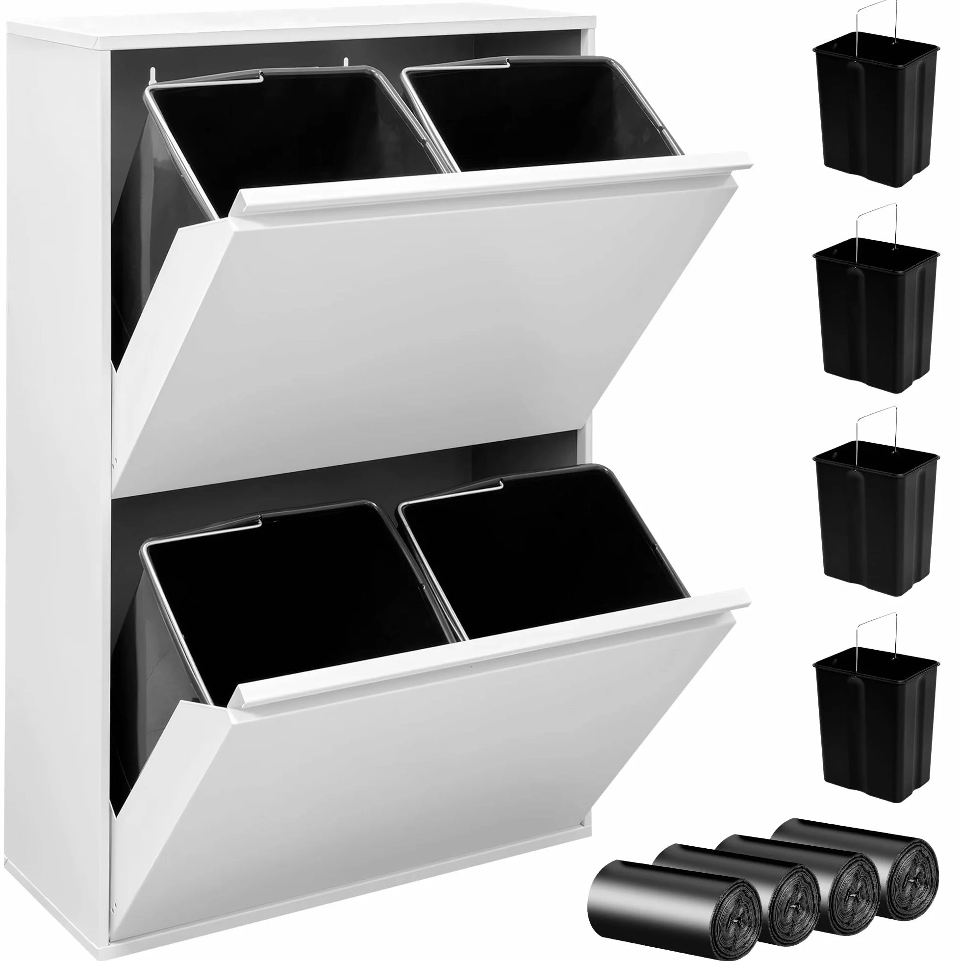 JUPPLIES Cubo de Basura Cocina Reciclaje de Acero con 4 Compartimentos | 4x17 (68L) | Mueble Contenedor de Reciclaje Metálico con 2 Cajones Abatibles para Casa u Oficina | 90,5x58,5x52cm